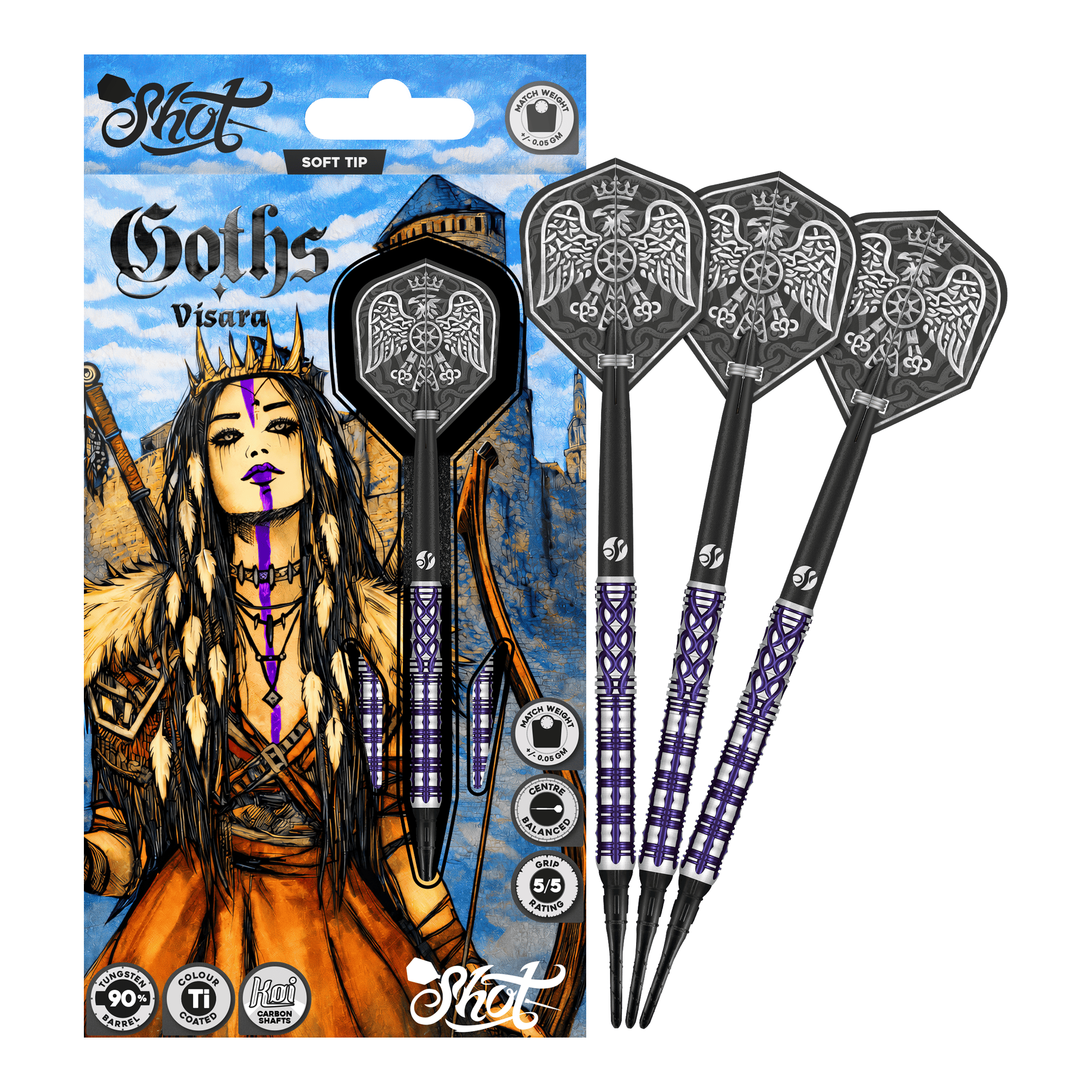 Freccette morbide Shot Goths Visara - 20 g Das Bild zeigt die Shot Goths Visara Softdarts - 20g. Diese Softdarts sind leicht und hochwertig verarbeitet.