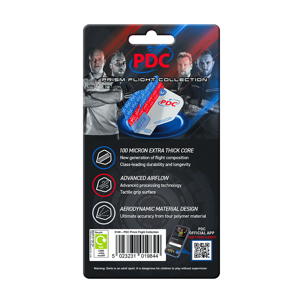 Collezione di voli Winmau PDC Prism Das Bild zeigt die Verpackung der "Winmau PDC Prism Flight Collection" für Dartflights. Auf der Verpackung sind Produktmerkmale und Bilder von Dartspielern abgebildet.