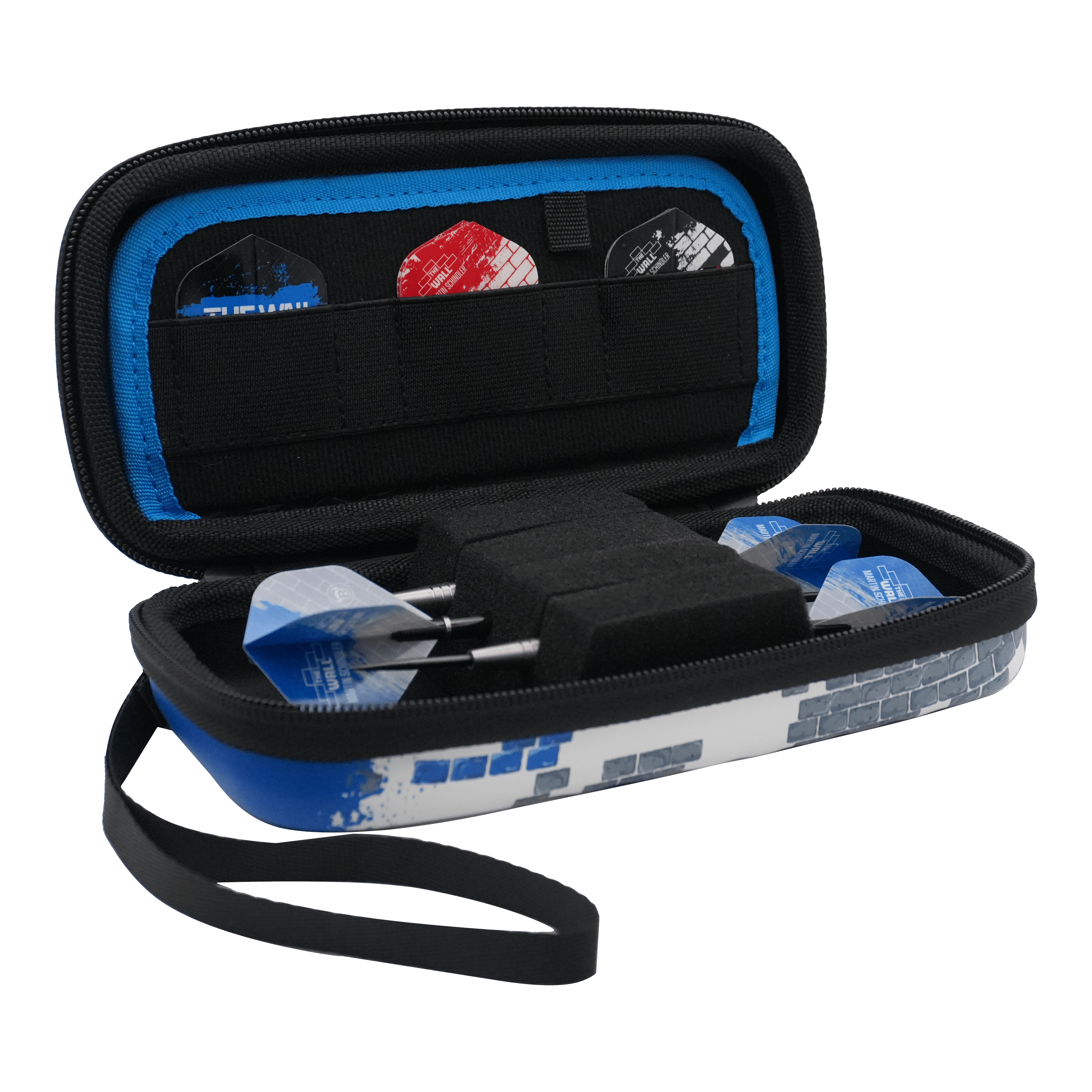 Custodia per freccette Bulls Orbis S Martin Schindler Das Bild zeigt ein geöffnetes Dartcase mit mehreren Darts und Flights darin. Das Etui ist blau-weiß und trägt das Design des Bulls Orbis S Martin Schindler Dartcase.