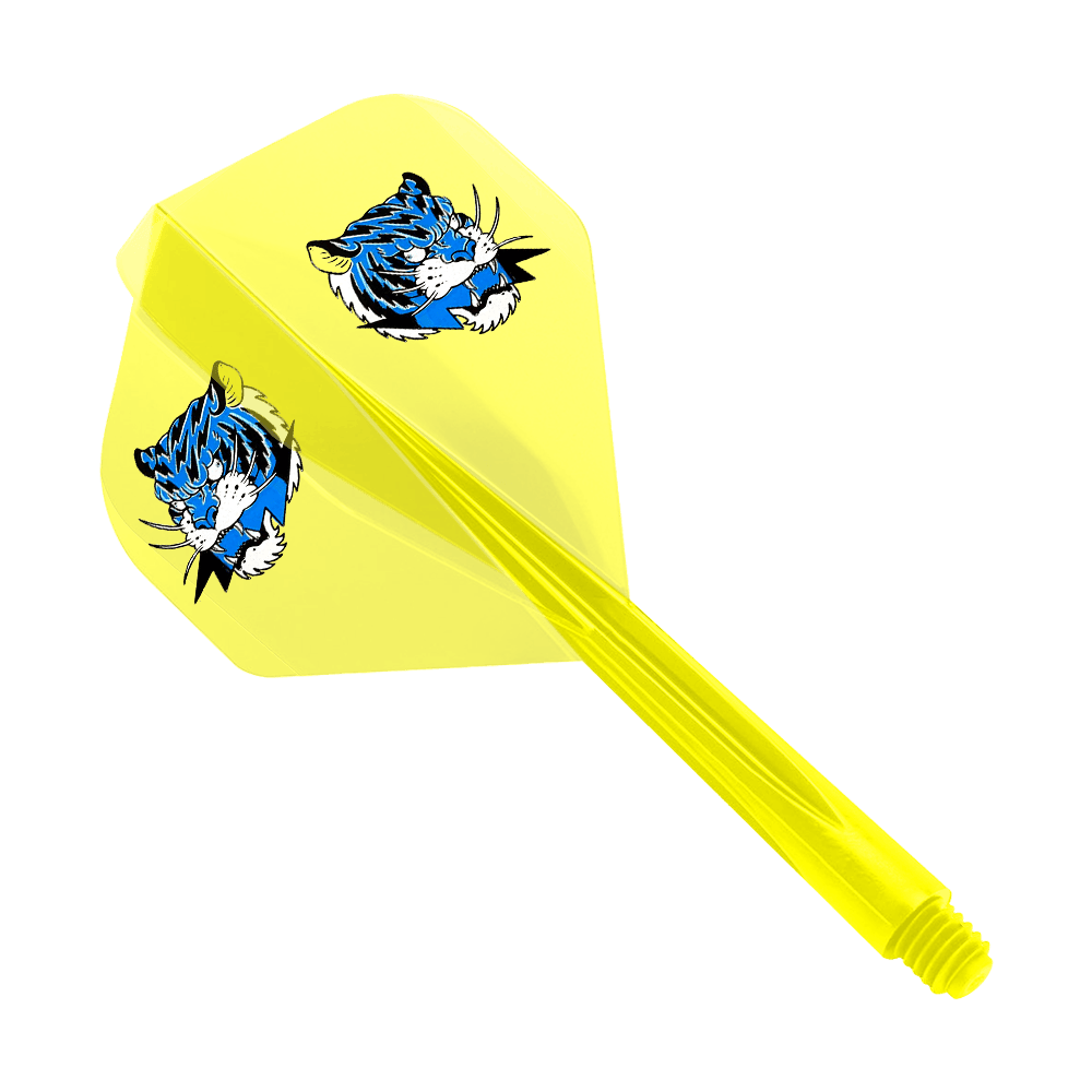 Condor AX Inazuma Tiger Mix Flight System Giallo Trasparente - Piccolo Das Bild zeigt einen gelben Dartflight mit einem blauen Tigerkopf-Motiv. Der Schaft ist transparent gelb und im kleinen Format gehalten.