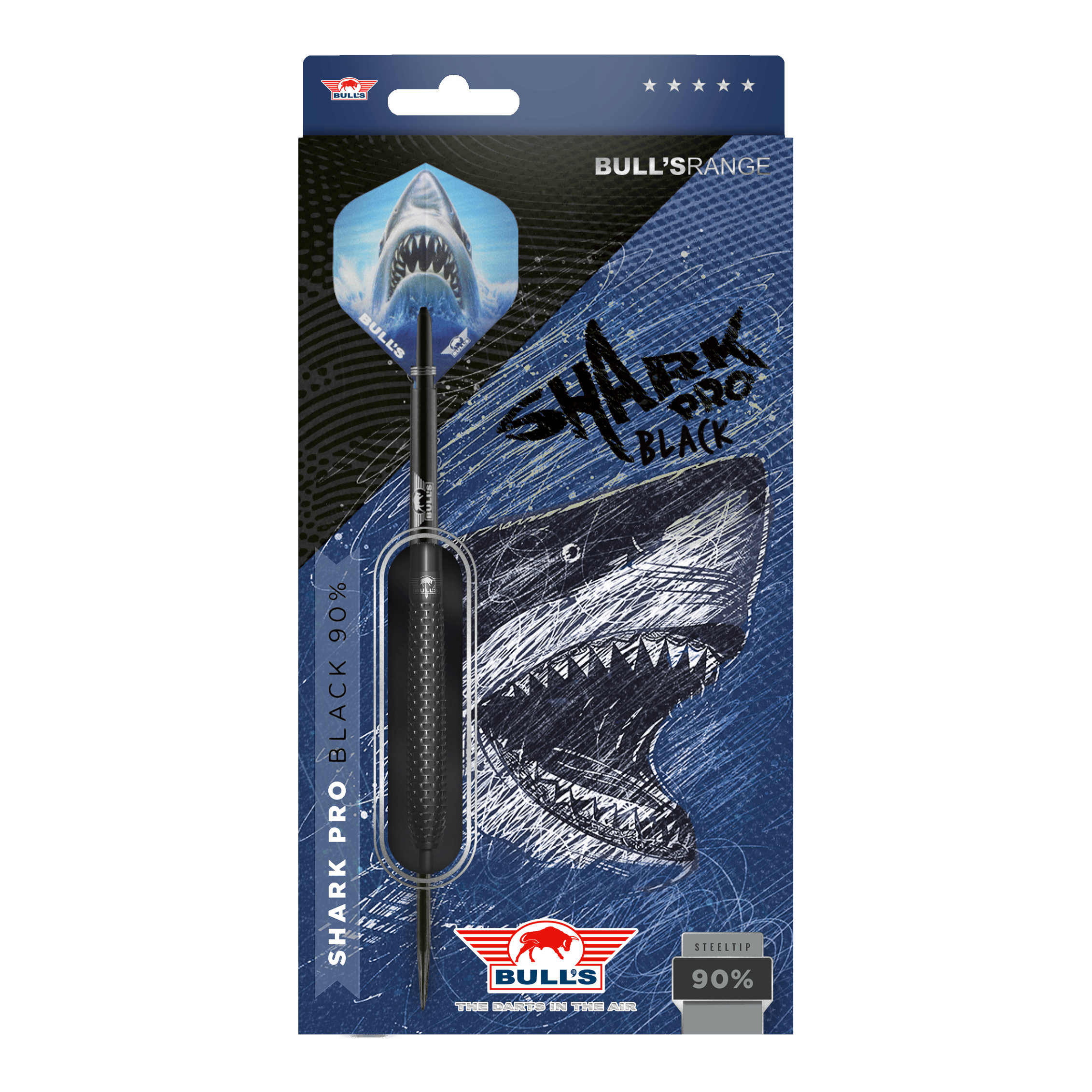 Bulls NL Shark Pro freccette in acciaio nero Die Abbildung zeigt die Verpackung der "Bulls NL Shark Pro Black Steeldarts". Auf der Verpackung ist ein aggressiv aussehender Hai sowie der Dartpfeil selbst zu sehen.