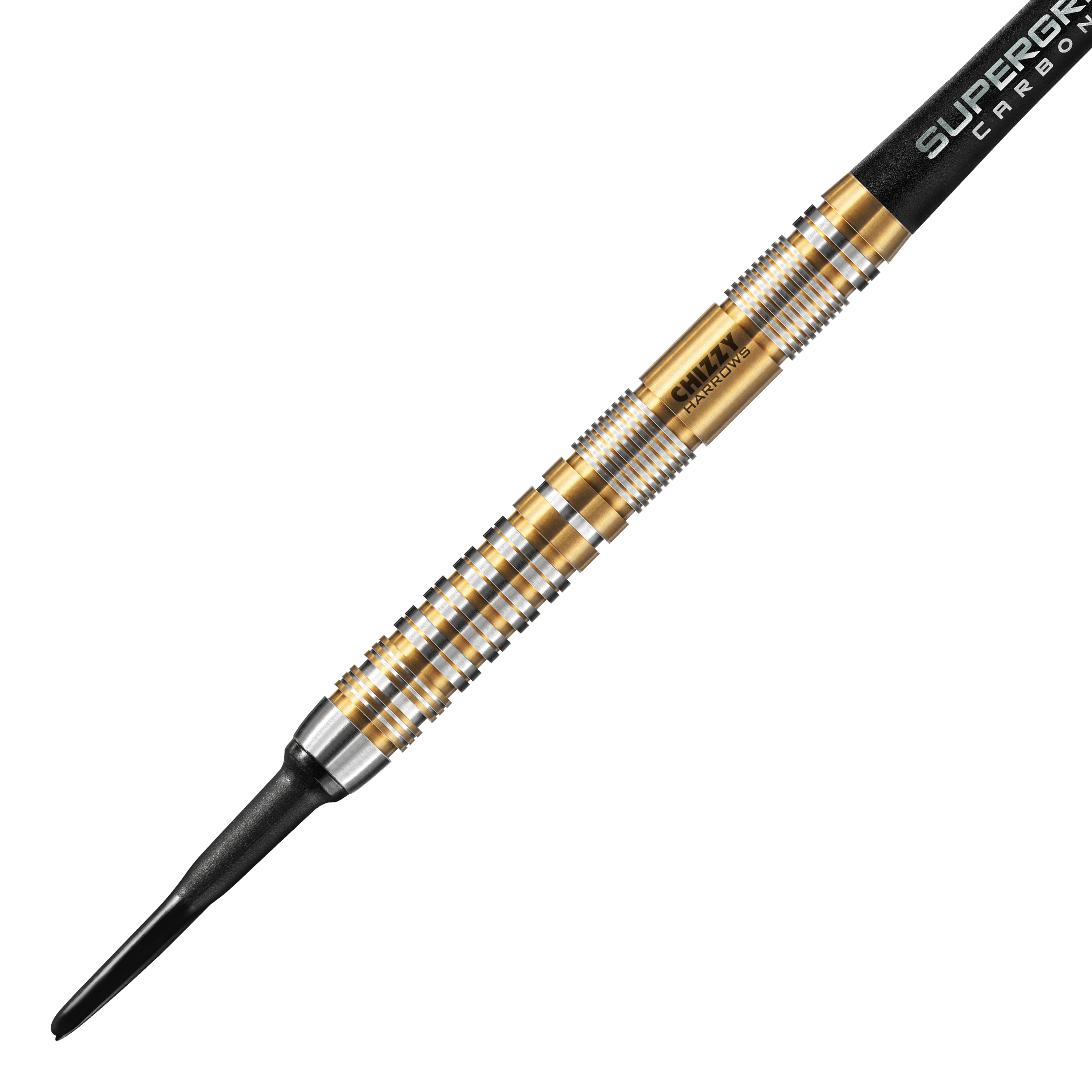 Freccette morbide Dave Chisnall Chizzy Series 2 di Harrow Das Bild zeigt einen Harrows Dave Chisnall Chizzy Series 2 Softdart. Der Dartpfeil hat ein auffälliges Design mit goldenen und silbernen Ringen entlang des Barrels.