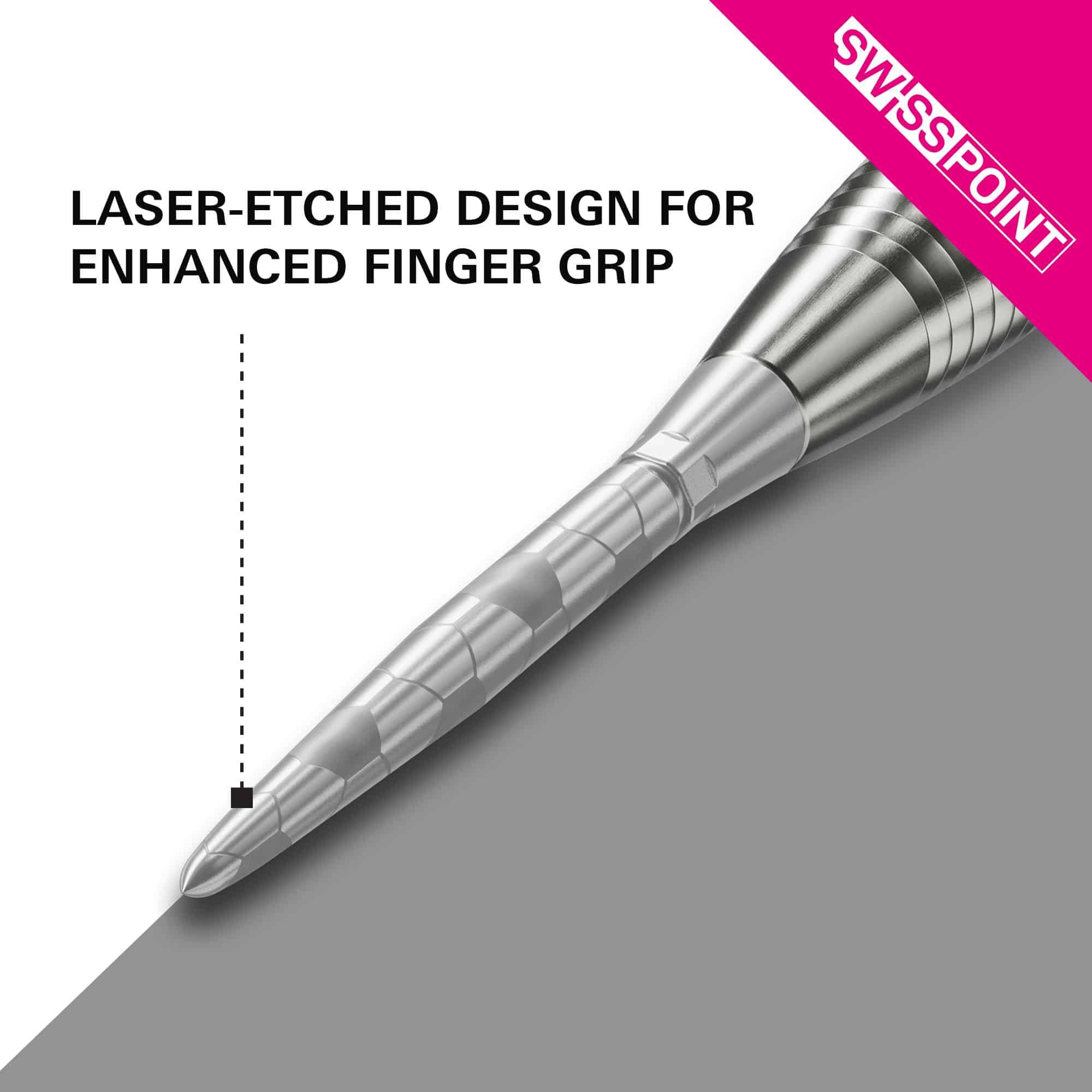 Punte per freccette Target Swiss Storm Onyx Point - Argento Das Bild zeigt die silberne Dartspitze "Target Swiss Storm Onyx Point". Die Spitze verfügt über ein lasergraviertes Design für einen verbesserten Fingergriff.