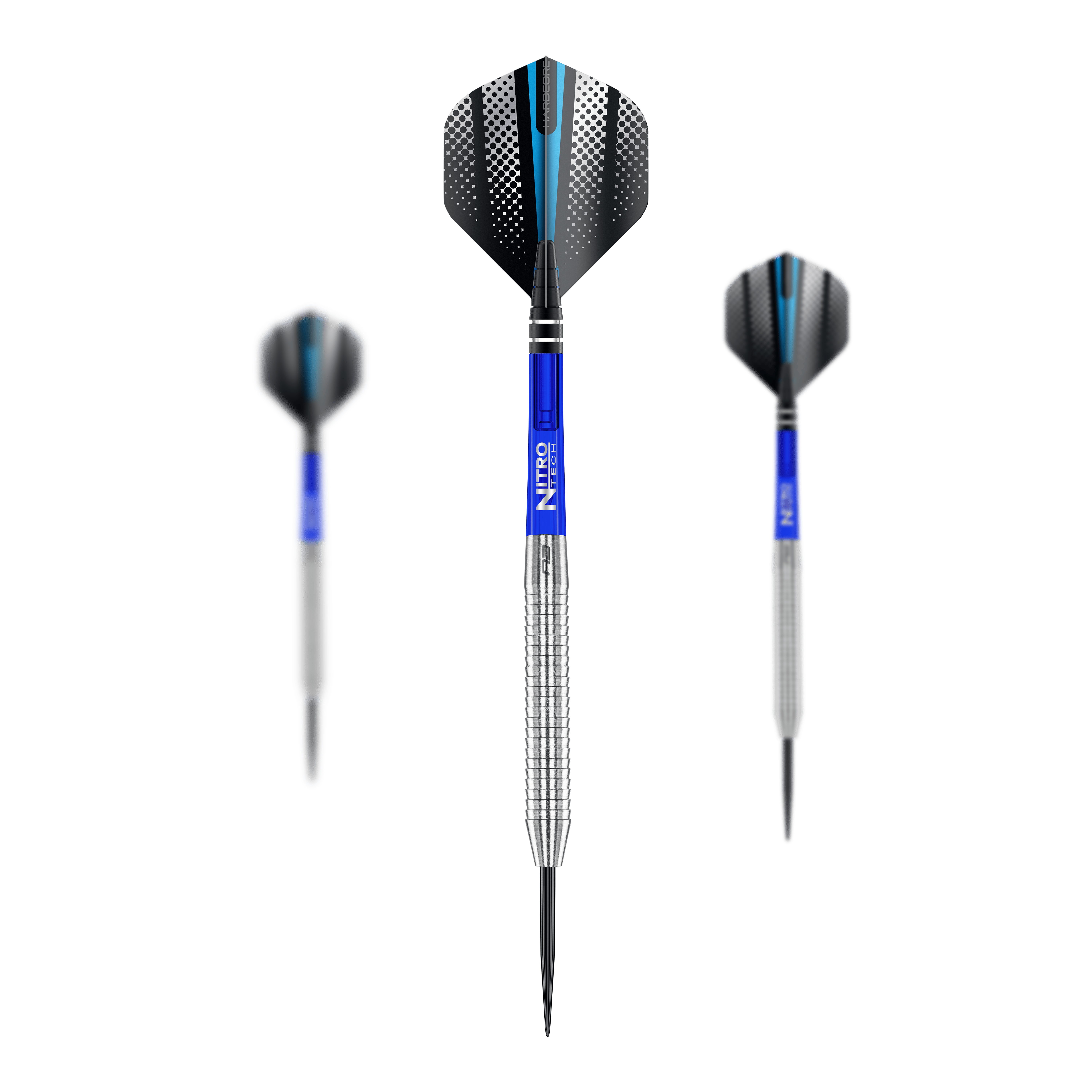 Freccette in acciaio originali Red Dragon Razor Edge Das Bild zeigt drei Red Dragon Razor Edge Original Steeldarts mit einem Gewicht von 24g. Die Darts haben blaue Schäfte, silberne Griffbereiche und schwarze Flights mit einem Muster.