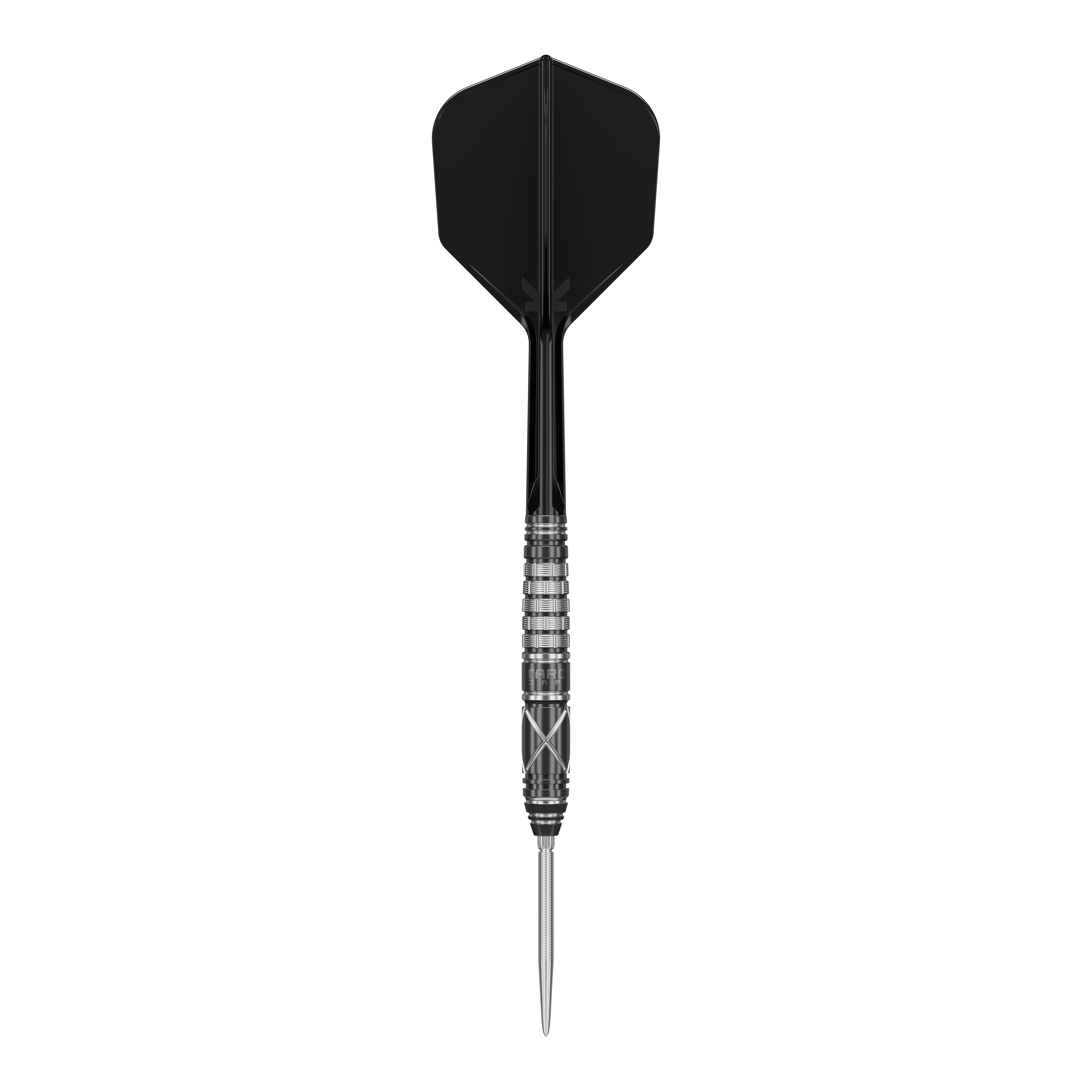 Freccette in acciaio Target Japan Black Marque Chaos 2 SP Das Bild zeigt einen stilvollen Steeldartpfeil mit schwarzer Flight und silber-schwarzem Barrel. Es handelt sich um das Produkt "Target Japan Black Marque Chaos 2 SP Steeldarts".