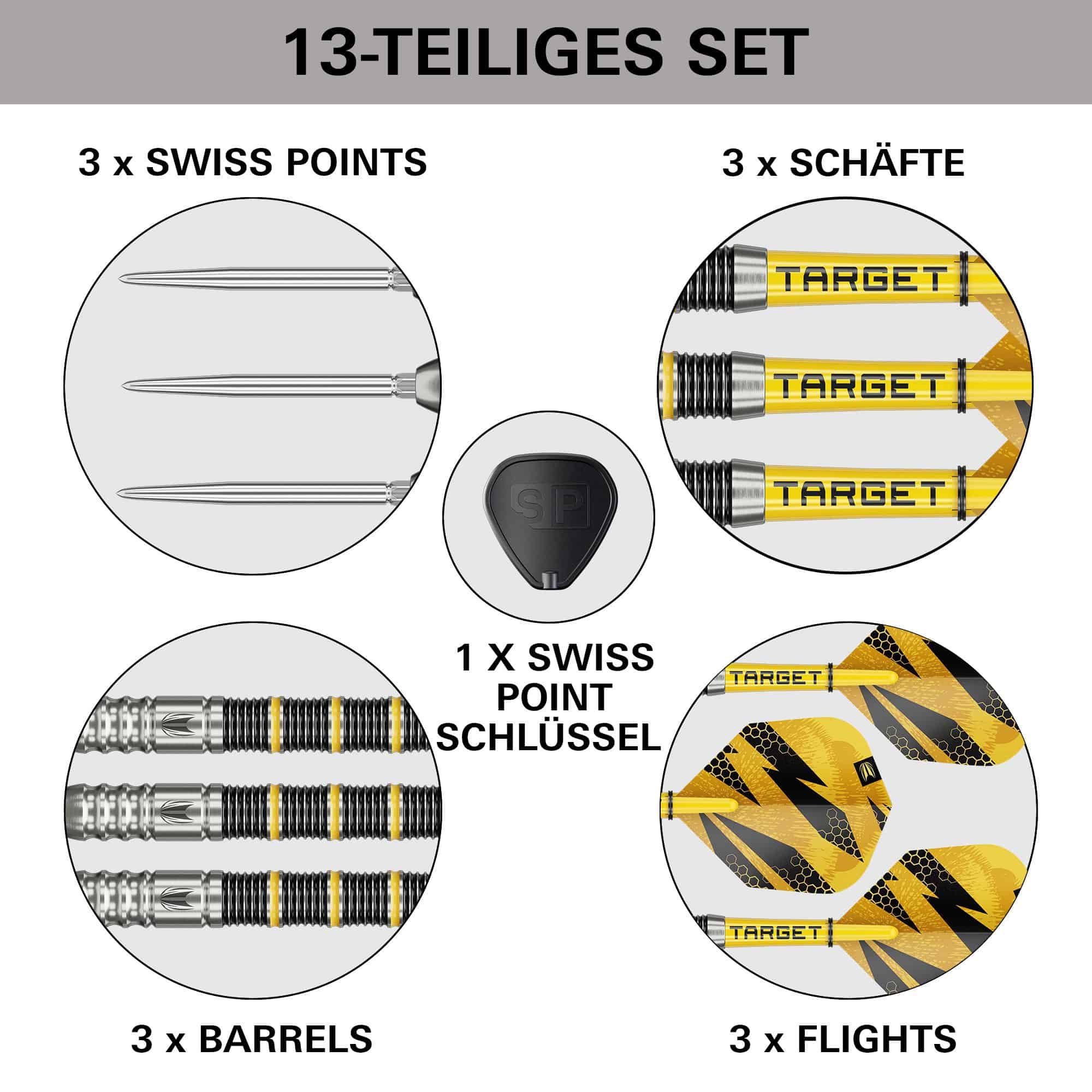Freccette in acciaio Target Buzz 02 Swiss Points Das Bild zeigt die Target Buzz 02 Swiss Points Steeldarts. Die Steeldarts werden aus einer anderen Perspektive vorgestellt.
