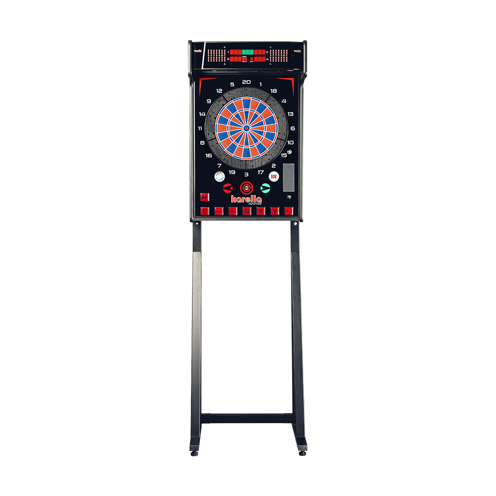 Karella_E-Master_Dartautomat_Standfuss_Ohne_M-nzeinwurf_1 Auf dem Bild ist der Karella E-MASTER Dartautomat ohne Münzeinwurf zu sehen. Das Gerät steht auf zwei Beinen und hat eine elektronische Dartscheibe mit verschiedenen Bedientasten.