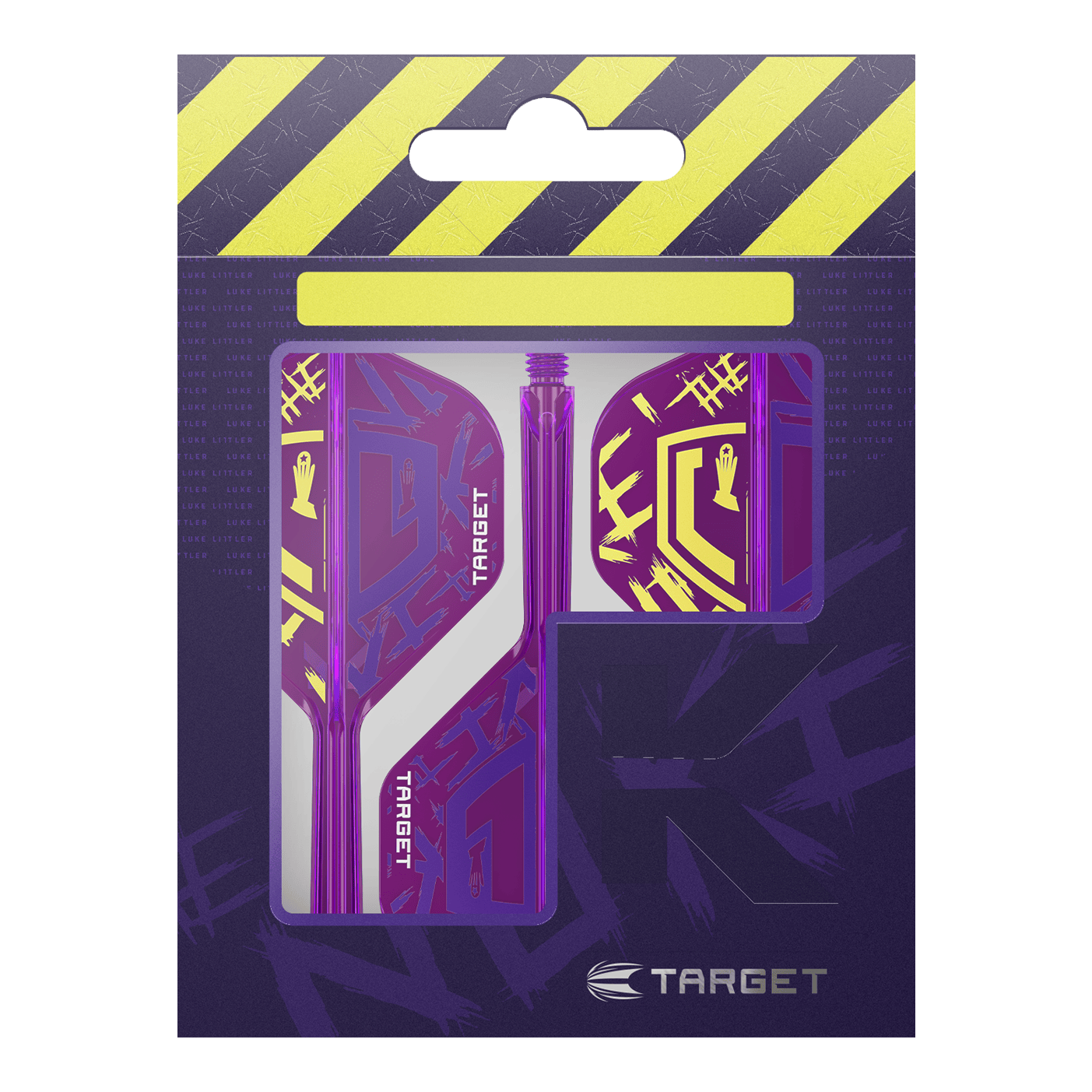 Target K-Flex Luke Littler Campione del mondo 2025 N. 2 Voli standard Die Abbildung zeigt die "Target K-Flex Luke Littler World Champion 2025 No2 Standard Flights" in einer Verpackung. Die Flights sind lila mit gelben Akzenten und dem Target-Logo gestaltet.