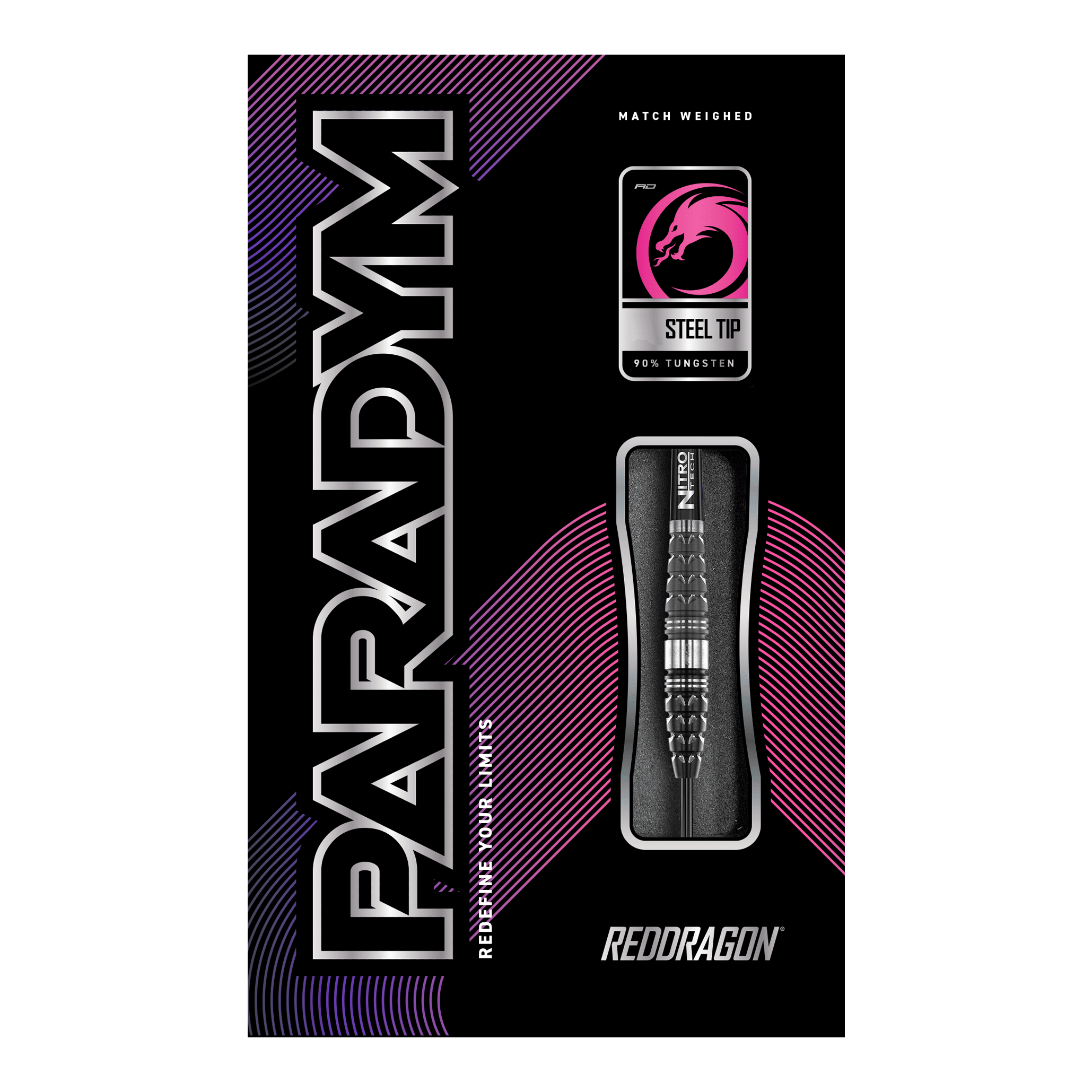 Dardi in acciaio Paradym Torpedo del drago rosso Das Bild zeigt die Verpackung der "Red Dragon Paradym Torpedo Steeldarts". Das Design ist modern mit auffälligen Farben und hebt die Stahlspitze sowie den hohen Wolframanteil hervor.
