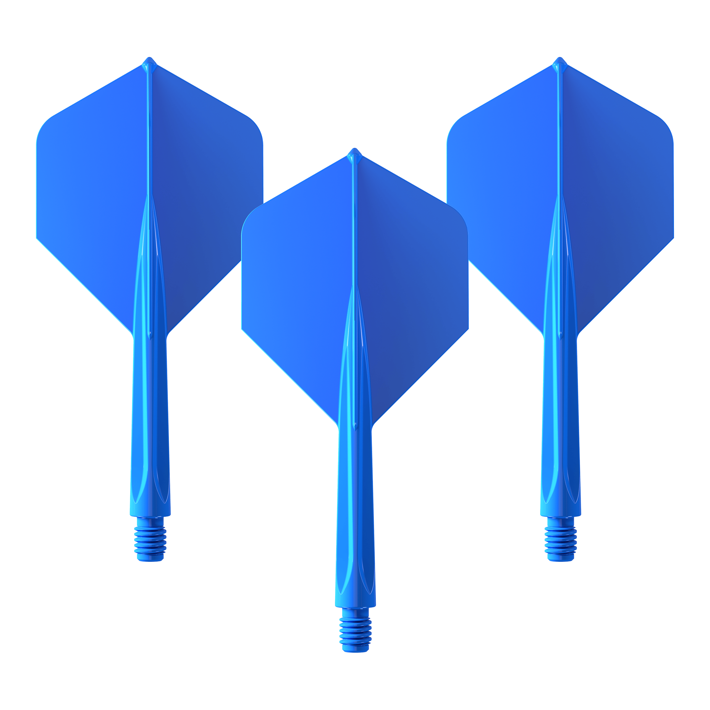 Unicorn Forge All In One Plus No2 Standard Flights Blu - Medio Das Bild zeigt drei blaue Dart-Flights des Produkts "Unicorn Forge All In One Plus No2 Standard Flights Blau - Medium". Sie sind mittelgroß und haben eine standardisierte Form.