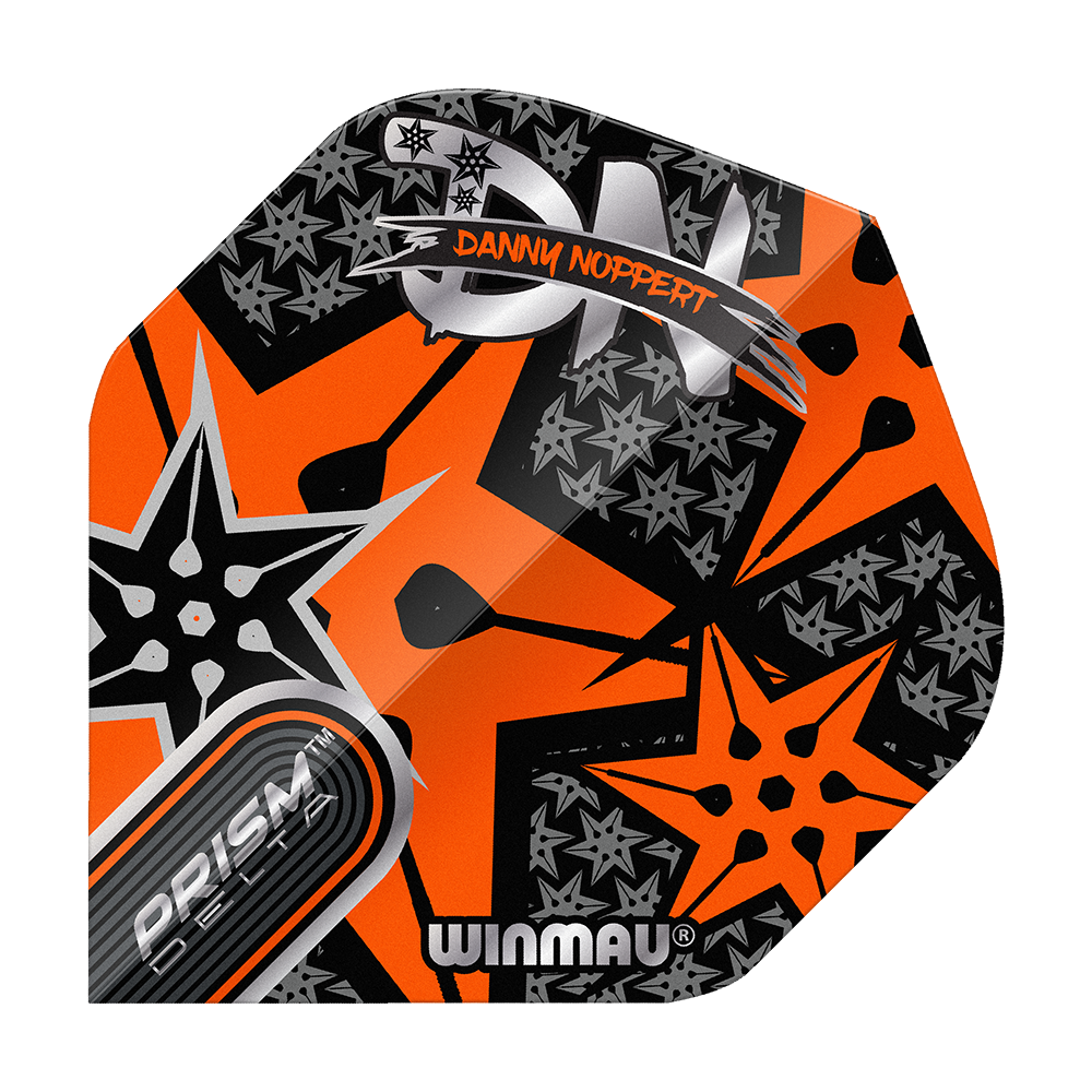 Voli standard Winmau Prism Delta Danny Noppert Orange Signature No2 Das Bild zeigt ein buntes Dart-Flight mit orangefarbenem und schwarzem Sternmuster. Auf dem Flight stehen die Namen "Danny Noppert" und "Winmau Prism Delta".