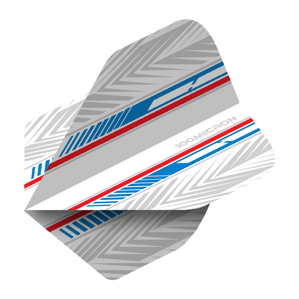 Voli Pentathlon bianchi/blu/rossi Das Bild zeigt einen Pentathlon White Blue Red No2 Standard Flight für Darts. Das Design besteht aus weißen, blauen und roten Streifen mit silbergrauen Mustern.