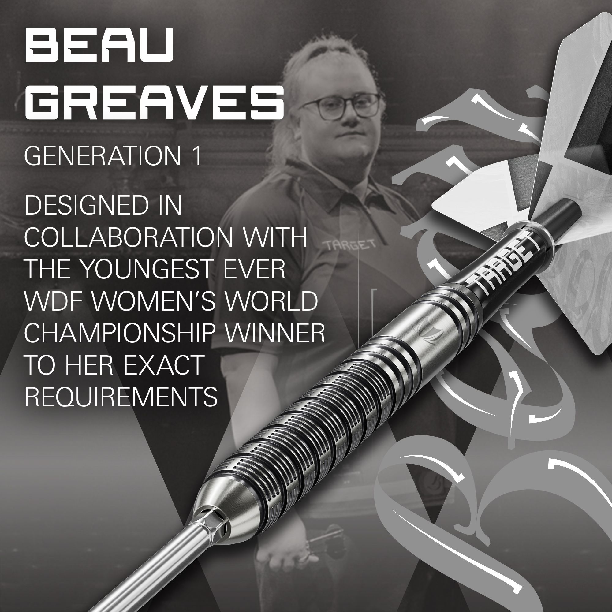 Dieses Foto zeigt die Target Beau Greaves GEN1 Swiss Point Steeldarts von der Seite. Die Details der Barrelstruktur sind klar erkennbar.