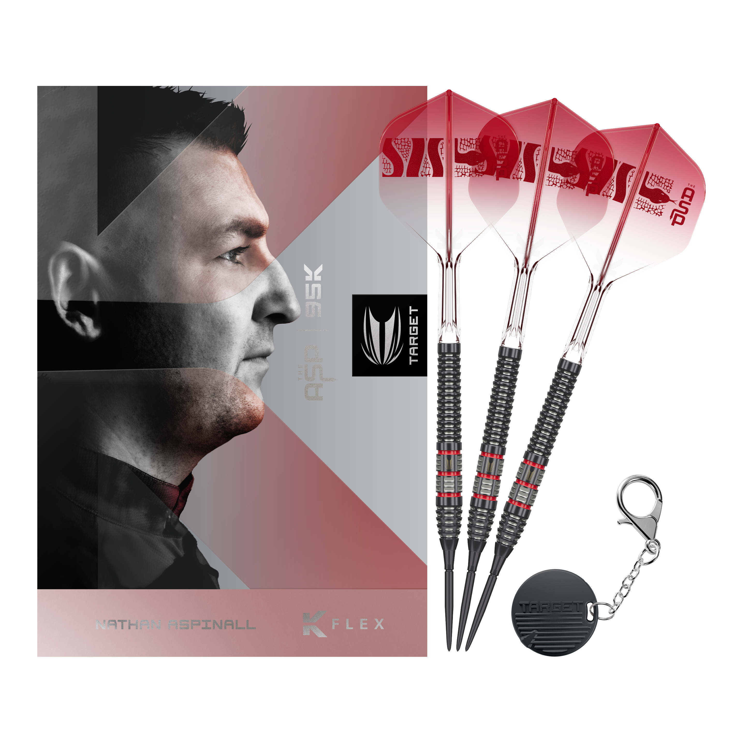Freccette in acciaio Target Nathan Aspinall 95K Swiss Point Volle Ansicht der Target Nathan Aspinall 95K Swiss Point Steeldarts. Die Darts sind in ihrer Gesamtheit abgebildet.