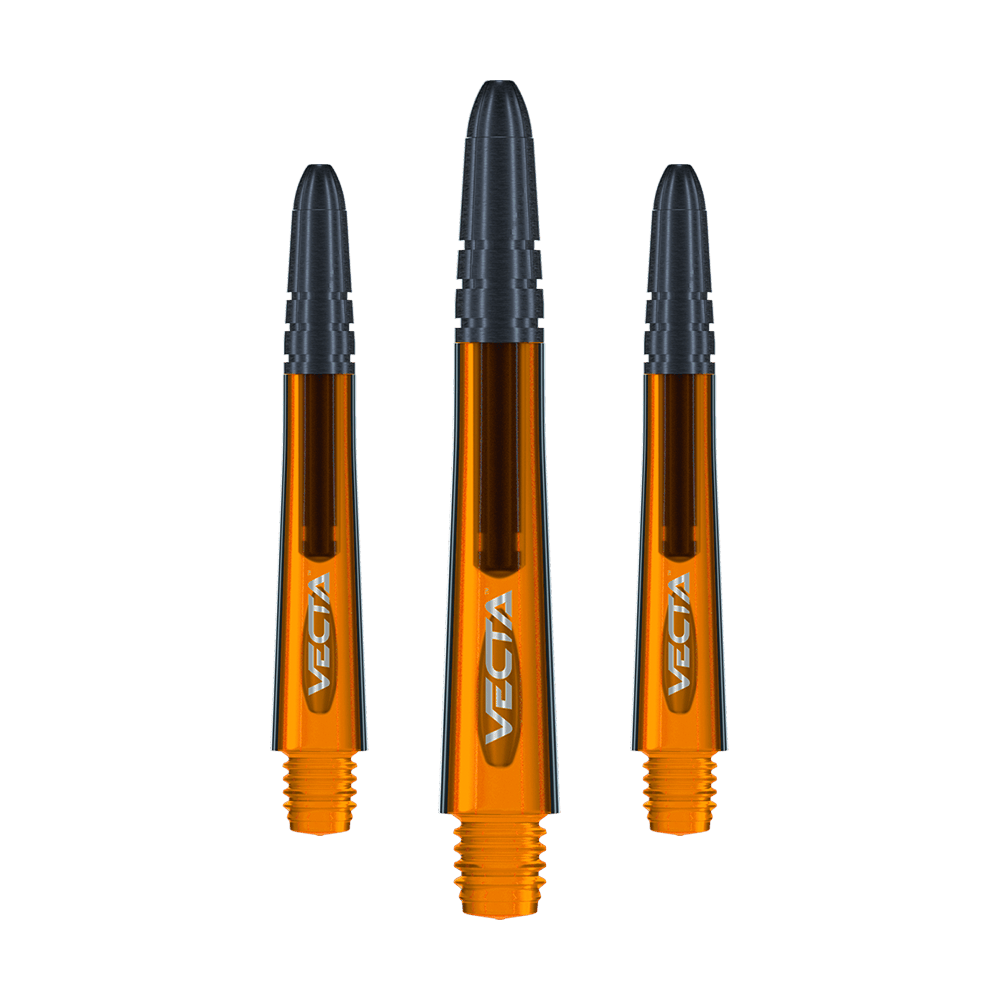 7025-110_Winmau_Vecta_Shafts_Orange_40mm_1 Das Bild zeigt drei orangefarbene Winmau Vecta Shafts mit schwarzer Spitze. Sie sind 37 mm lang und tragen den Schriftzug "VECTA".