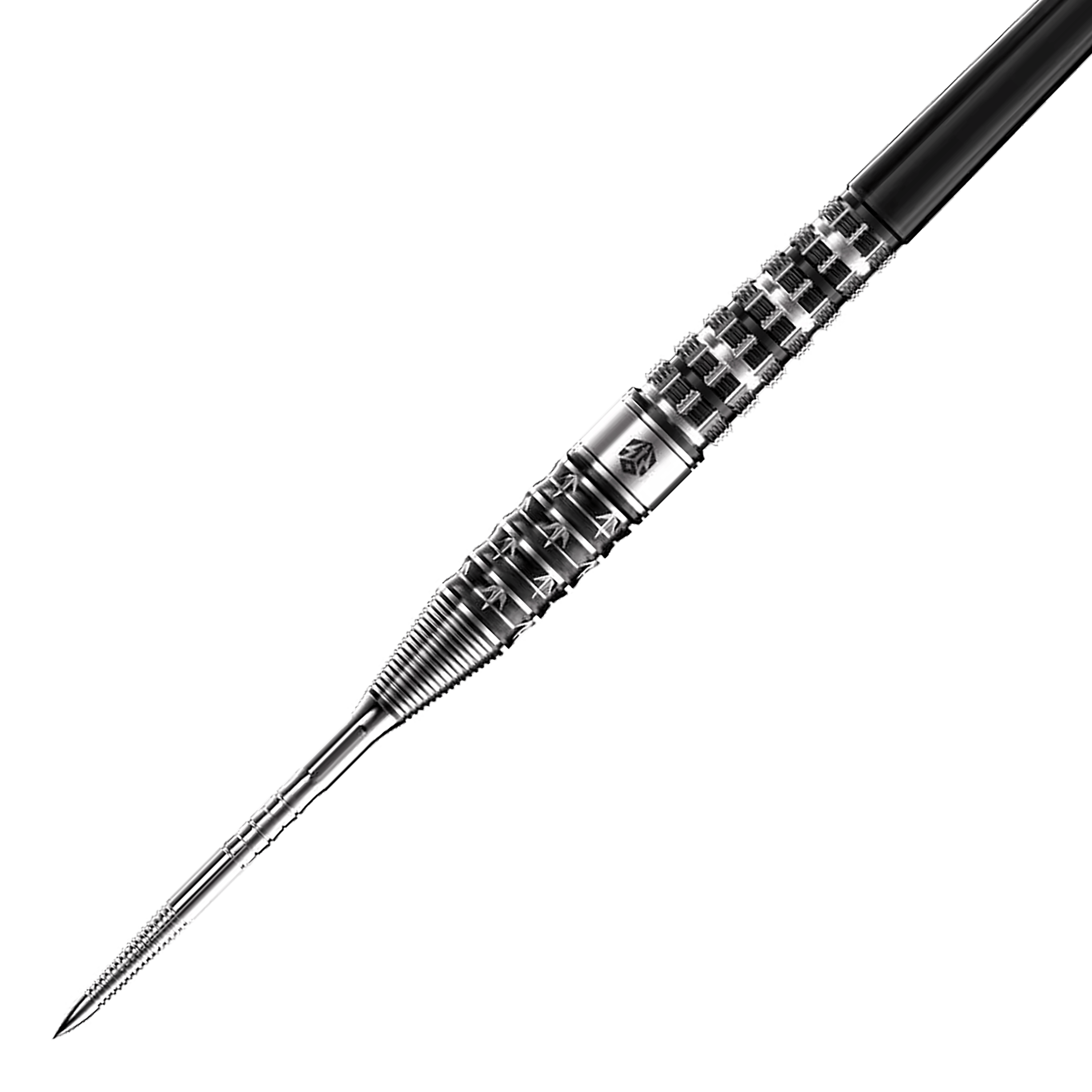 Caliburn Player The Pandaman Advanced Steeldarts - 23 g Das Bild zeigt den Caliburn Player The Pandaman Advanced Steeldarts mit einem Gewicht von 23g. Der Dartpfeil hat ein silbernes, strukturiertes Metall-Design und eine scharfe Spitze.
