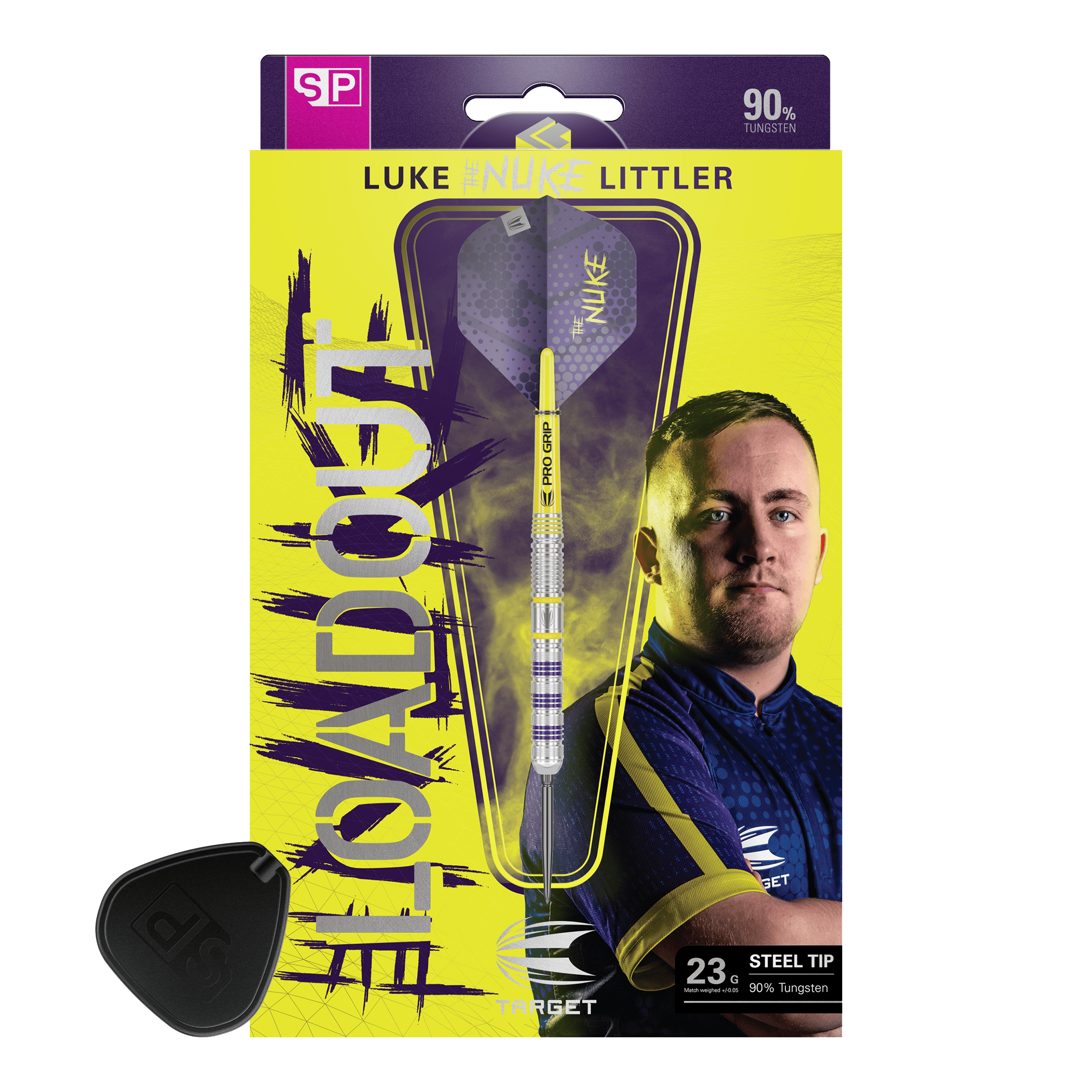 Target Luke Littler Loadout Freccette in acciaio Swiss Point Auf dem Bild ist das Produkt "Target Luke Littler Loadout Swiss Point Steeldarts" zu sehen. Die Verpackung zeigt einen Dartpfeil sowie ein Porträt von Luke Littler vor einem gelben Hintergrund.