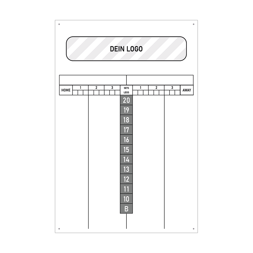 INSCORE5_Scoreboard_mit_Wunschdruck_40x60cm_Grau_2 Das Bild zeigt eine graue Anzeigetafel mit einem Feld für ein individuelles Logo oben. In der Mitte befindet sich eine Punktetabelle zur Anzeige der Spielstände für Heim- und Auswärtsteams.