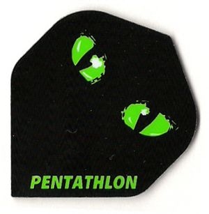 p41 Das Bild zeigt ein schwarzes Dart Flight mit zwei leuchtend grünen Augen. Unten steht in grüner Schrift das Wort "PENTATHLON".