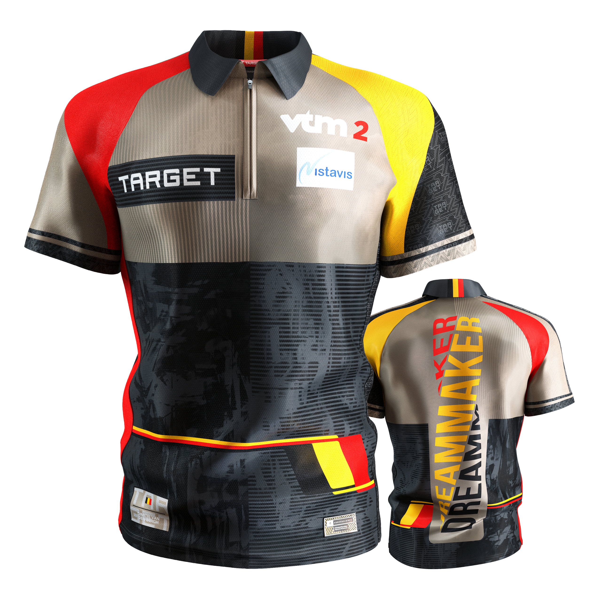 Maglia da freccette Target Coolplay Dimitri Van Den Bergh 2025 Das Bild zeigt das "Target Coolplay Dimitri Van Den Bergh 2025 Dartshirt" von vorne und hinten. Das Shirt ist bunt gestaltet mit den Farben Schwarz, Rot, Gelb und Beige und trägt verschiedene Logos sowie den Schriftzug "DREAMMAKER" auf der Rückseite.