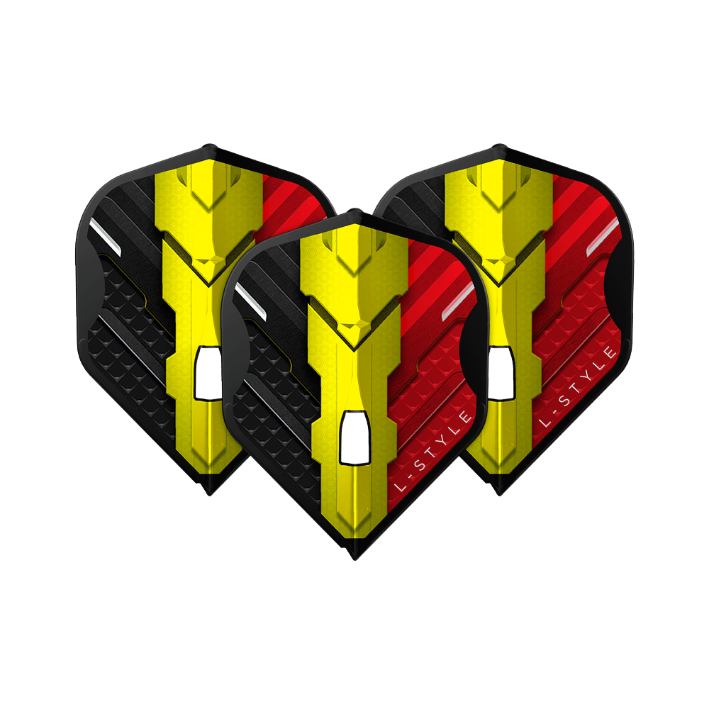 Alette L-Style V-Series V1 Type C Belgium Black L1PRO Das Bild zeigt drei Dart Flights des Modells "L-Style V-Series V1 Type C Belgium Black L1PRO". Die Flights sind in den Farben Schwarz, Gelb und Rot gestaltet und tragen das Logo "L-STYLE".