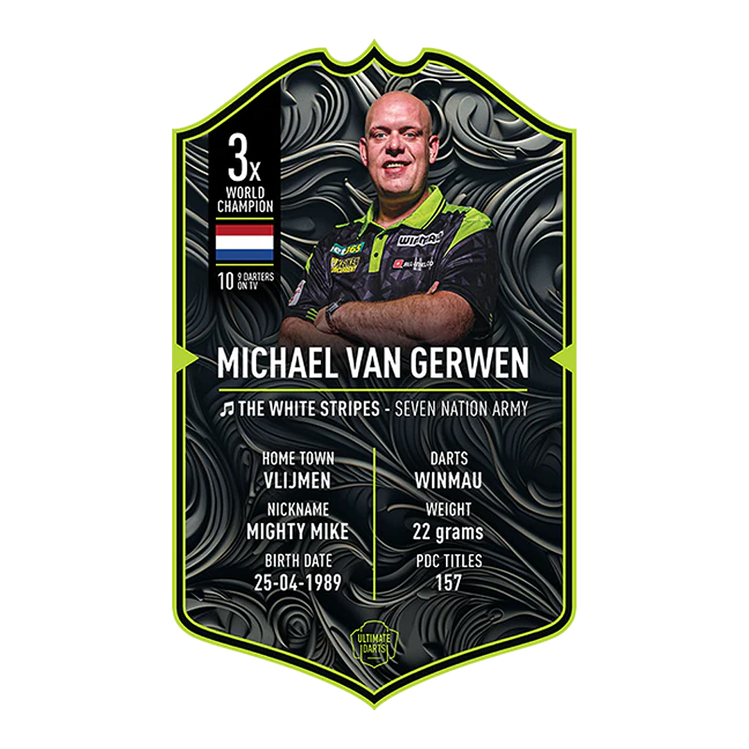 Carta Ultimate Darts - Michael Van Gerwen 2025 Dies ist eine Sammelkarte von "Ultimate Darts" für Michael Van Gerwen aus dem Jahr 2025. Sie zeigt sein Foto und enthält Informationen wie seinen Spitznamen, Geburtsdatum, Heimatstadt und Statistiken.