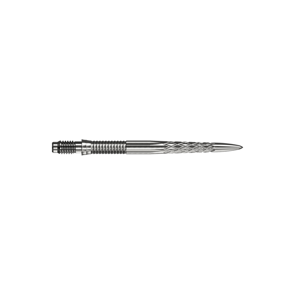 Punte per freccette Mission R2.5 Rapid Point DSX - Argento Abgebildet sind silberne Dartspitzen Mission R25 Rapid Point DSX mit einer Länge von 30mm. Die Spitzen werden aus zwei verschiedenen Blickwinkeln präsentiert.