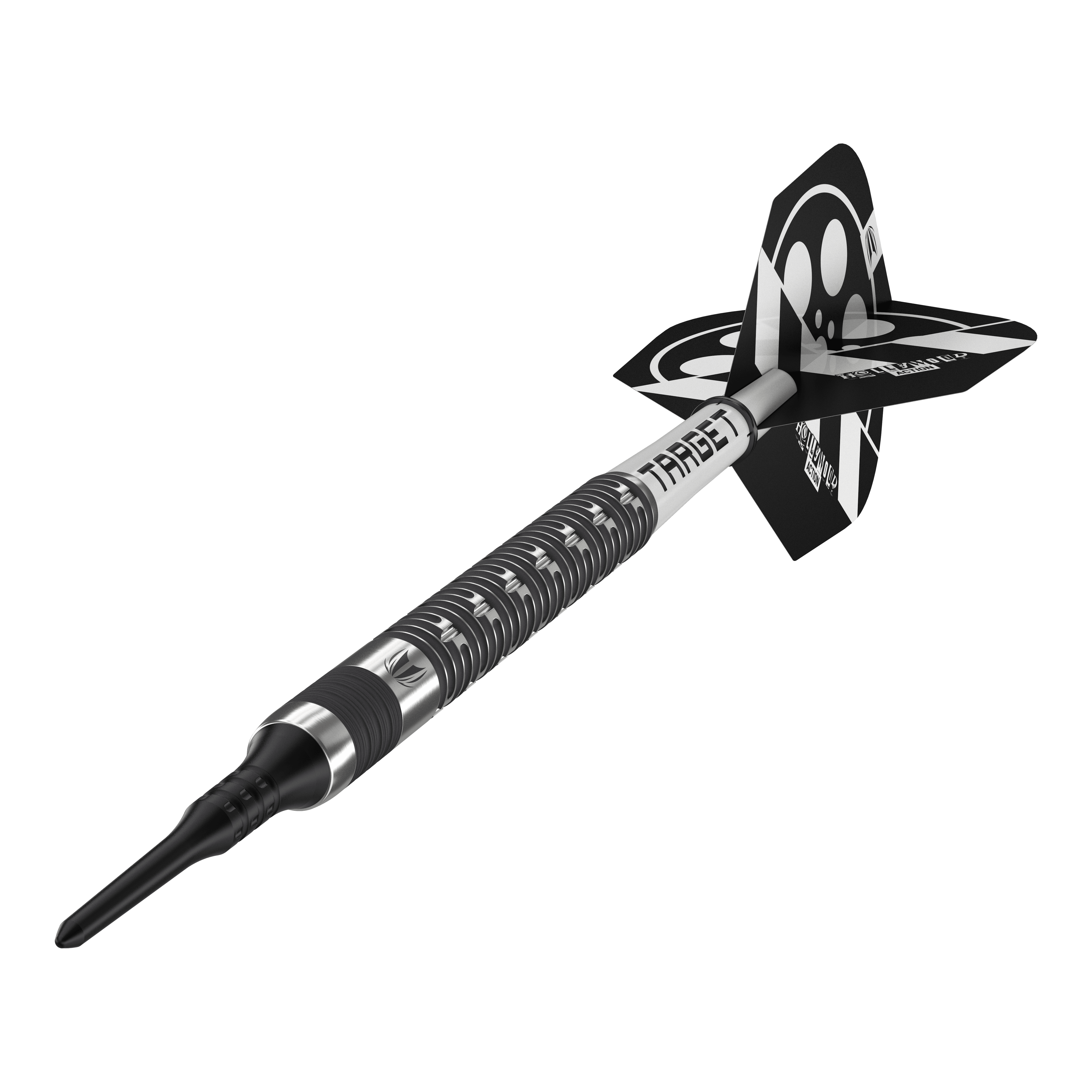 Freccette morbide Target Chris Dobey Hollywood Action - 20 g Das Bild zeigt einen schwarzen Softdart mit silbernen Akzenten und der Aufschrift "TARGET". Am hinteren Ende befindet sich ein schwarz-weißes Flight-Design.