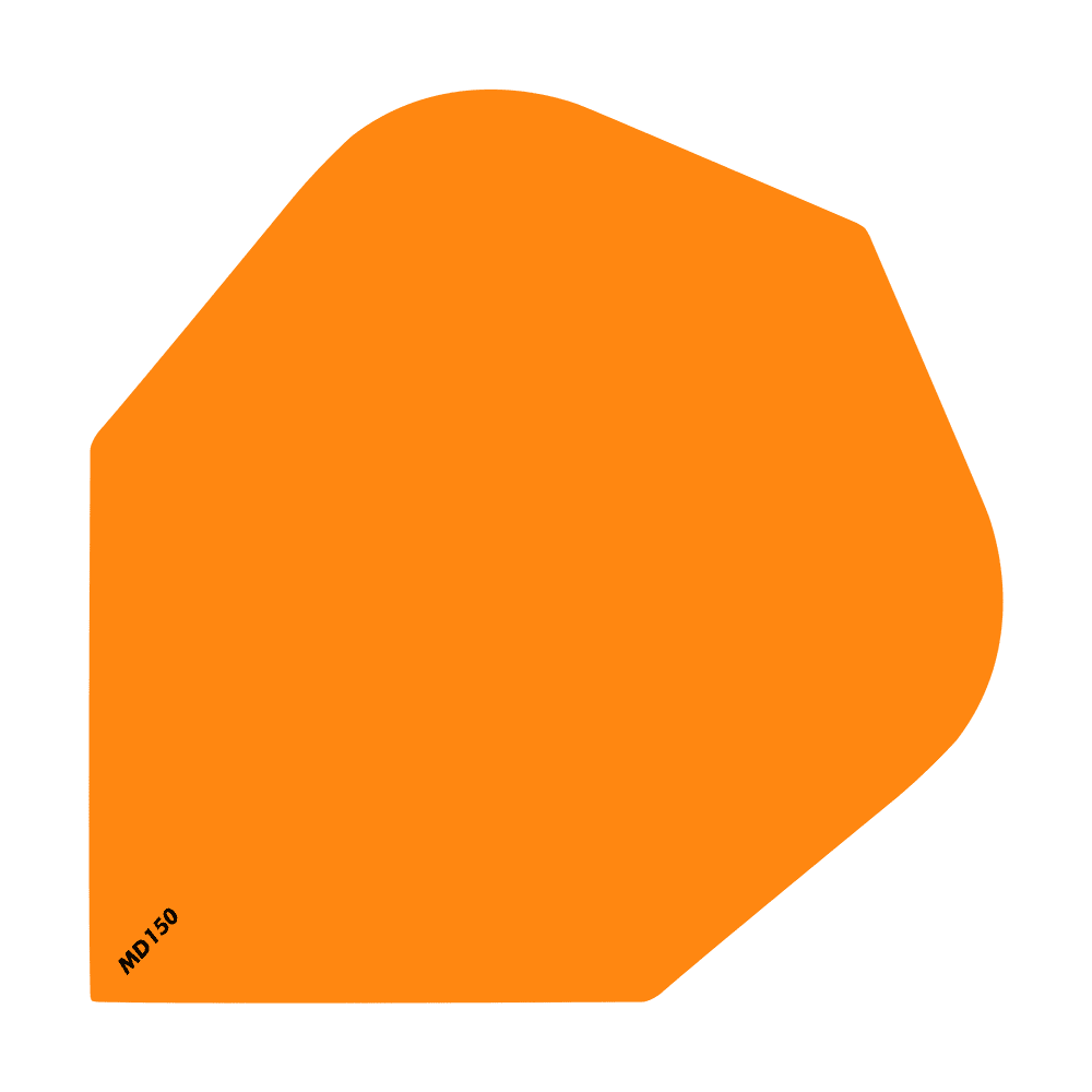 MCD199_McDart_MD150_Standard_Flights_Orange_1 Das Bild zeigt ein einfaches, orangefarbenes Dart Flight mit der Aufschrift "MD150" in der Ecke. Es handelt sich um das Produkt "McDart MD150 Standard Flights".