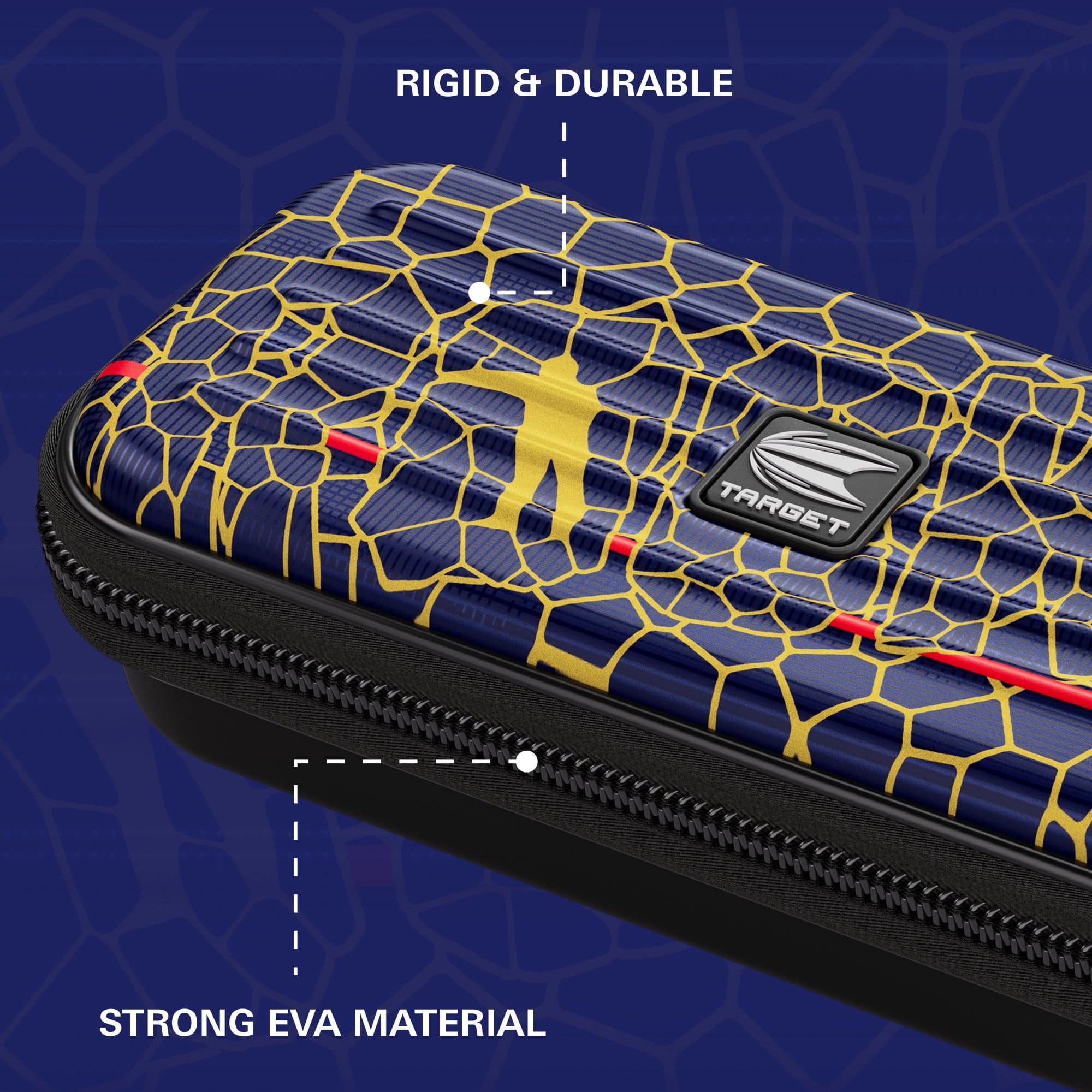 Custodia per freccette Target Takoma Josh Rock Das Bild zeigt das „Target Takoma Josh Rock Dartcase“ mit einem auffälligen blauen und gelben Design. Es wird hervorgehoben, dass das Etui aus starkem EVA-Material gefertigt und besonders robust und langlebig ist.
