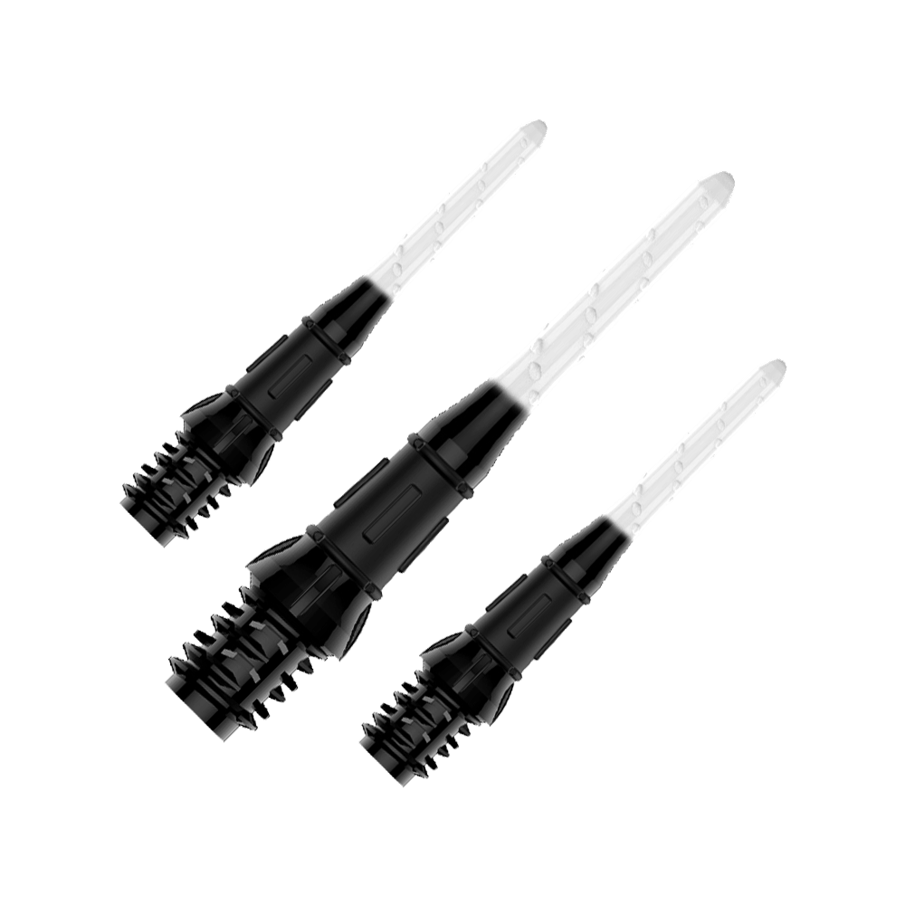 L-Style Premium Two Tone Lippoints (confezione da 30) Auf dem Bild sind drei schwarze und transparente Dartspitzen zu sehen. Sie sind in einer Reihe angeordnet und weisen ein modernes, zweiteiliges Design auf.