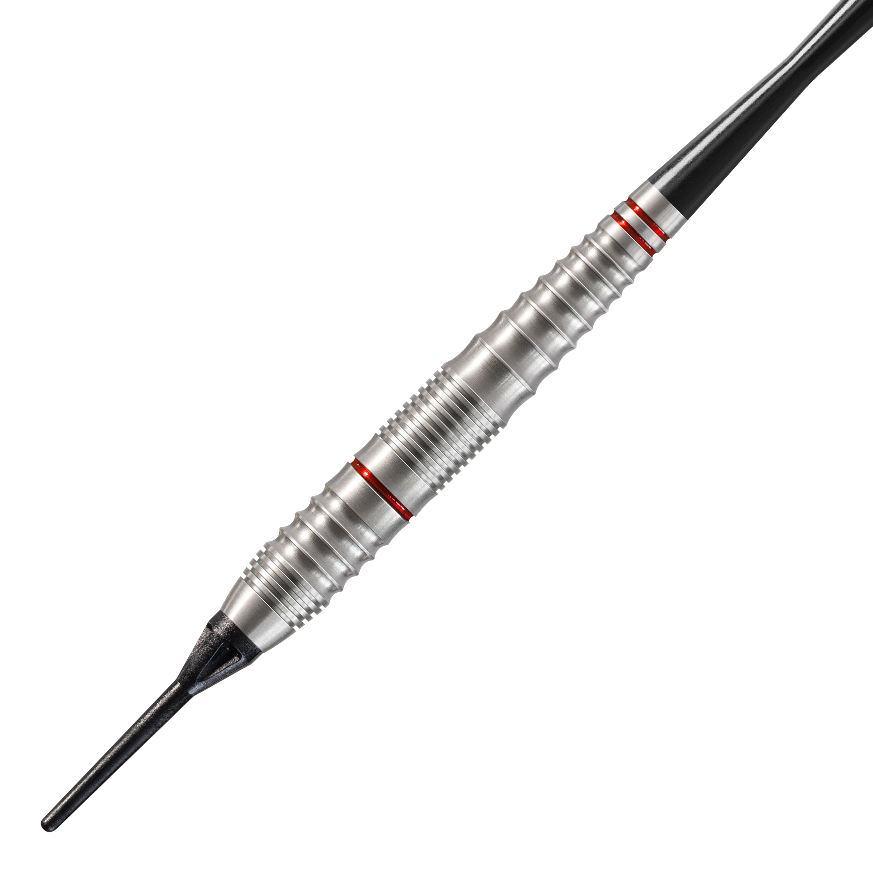 Freccette morbide Harrows Rage Das Bild zeigt einen silbernen Softdart namens "Harrows Rage Softdarts". Der Dart hat rote Ringe und eine schwarze Kunststoffspitze.