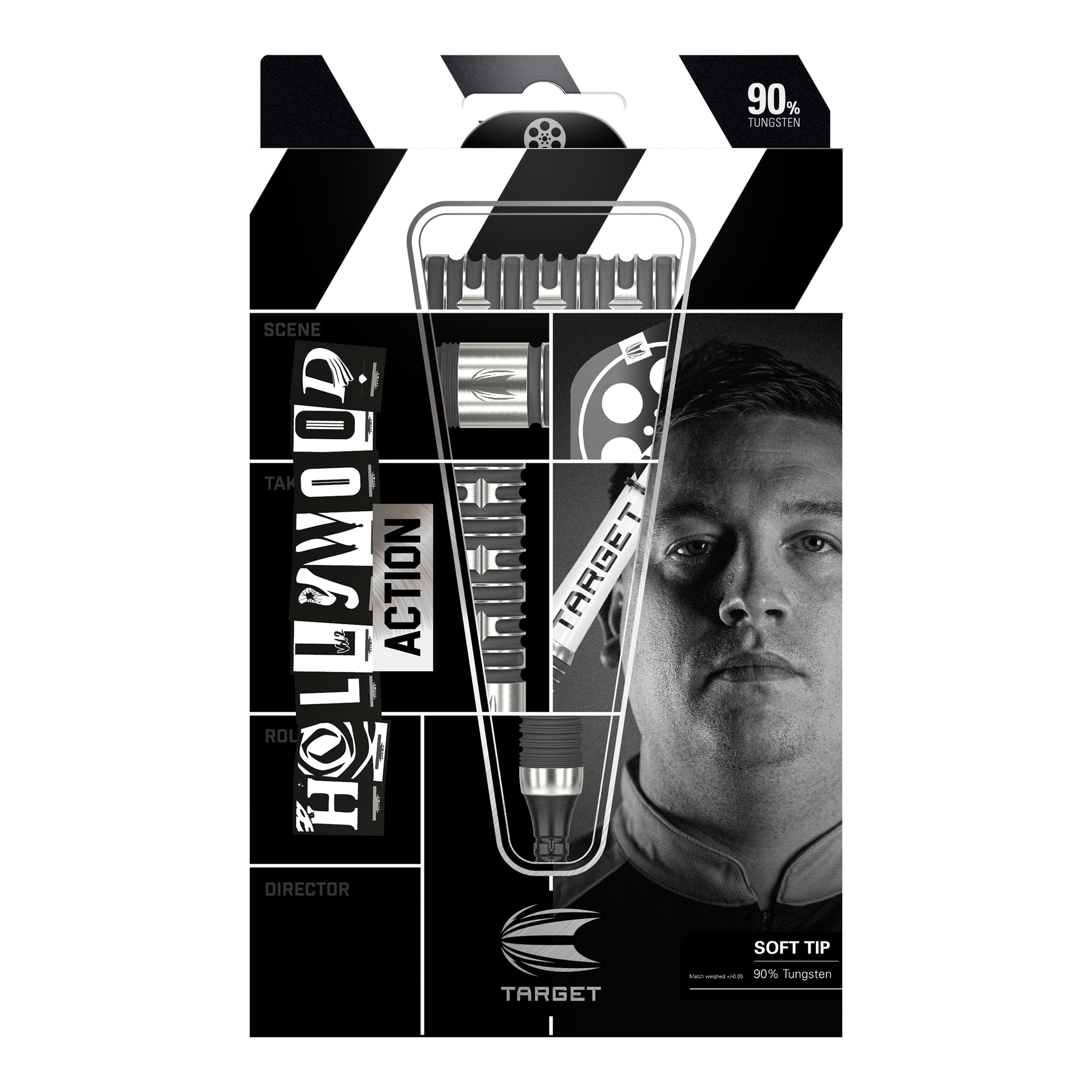 Freccette morbide Target Chris Dobey Hollywood Action - 20 g Die Abbildung zeigt das Produkt "Target Chris Dobey Hollywood Action Softdarts - 20g" in seiner Verpackung. Auf der Verpackung sind die Darts sowie das Gesicht eines Mannes und der Markenname deutlich zu sehen.