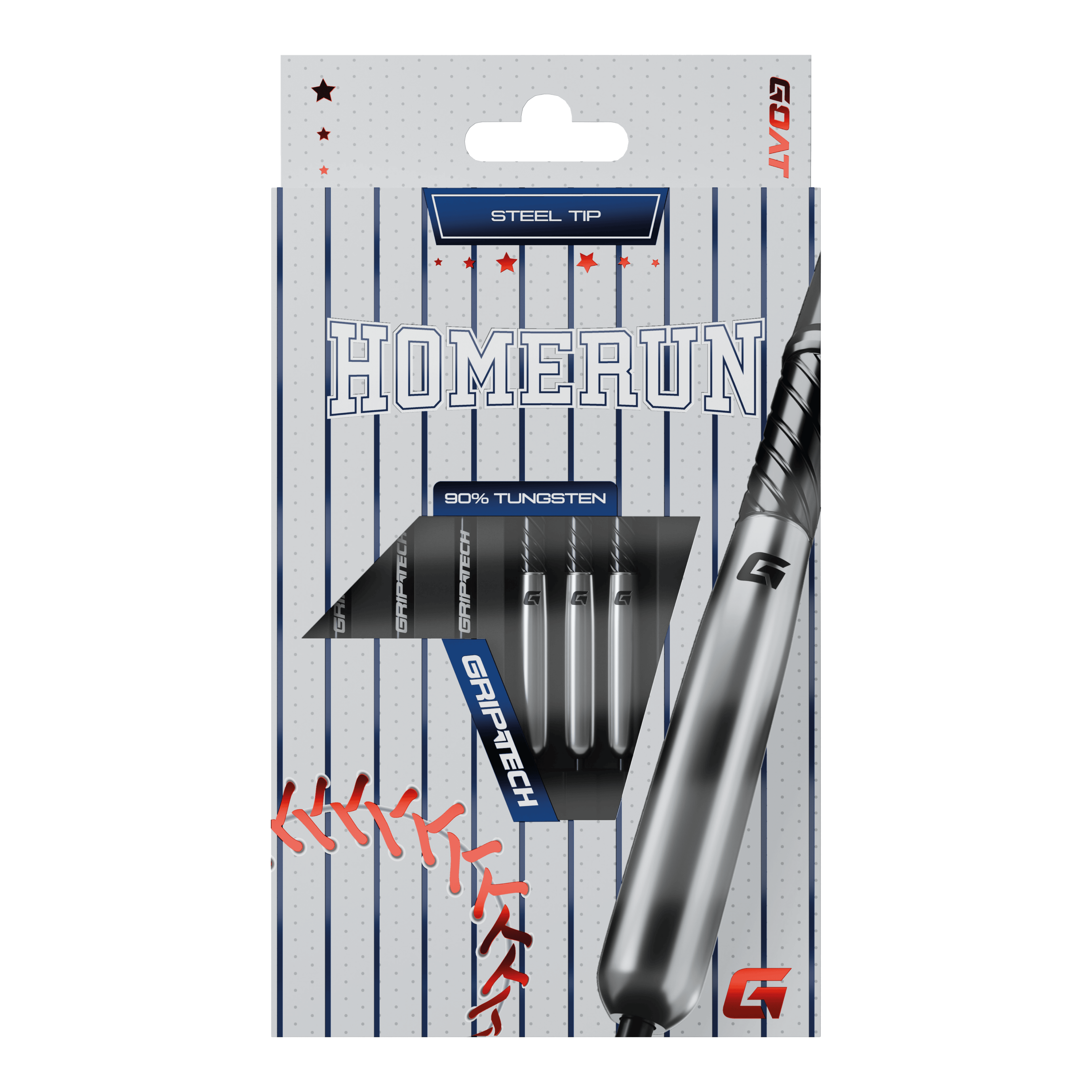 Freccette in acciaio al tungsteno per baseball GOAT Homerun Das Bild zeigt die Verpackung der "GOAT Homerun Baseball Tungsten Steeldarts" mit Stahlspitze. Auf der Vorderseite sind drei Darts sowie baseballtypische Designelemente abgebildet.