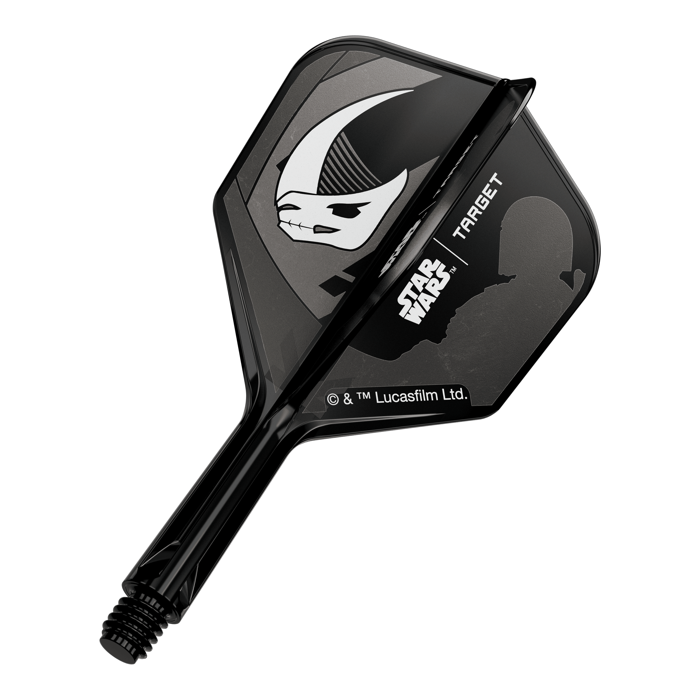 Set Target Star Wars K-Flex Mandalorian No6 Flights Abgebildet ist ein Motiv mit Mandalorianer-Rüstung, inspiriert von Star Wars. Das Design ist auf einem No6 Flights 19 mm Dart-Flügel zu sehen.