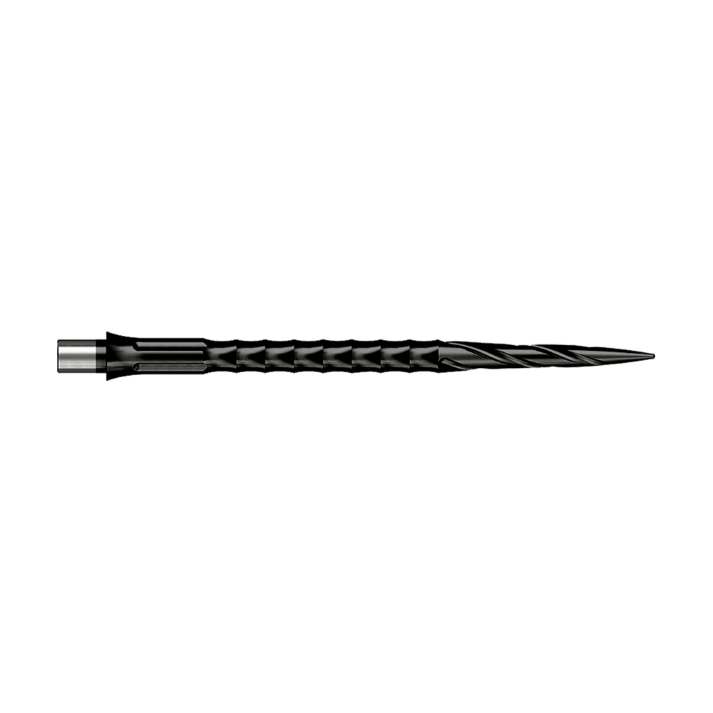 Abgebildet ist ein Produkt mit dem Dateinamen EVO033_Caliburn_Evo_System_Steeldartspitzen_Spiro_NoLip_Black_40mm_2. Es handelt sich vermutlich um Steeldartspitzen in schwarzer Ausführung.