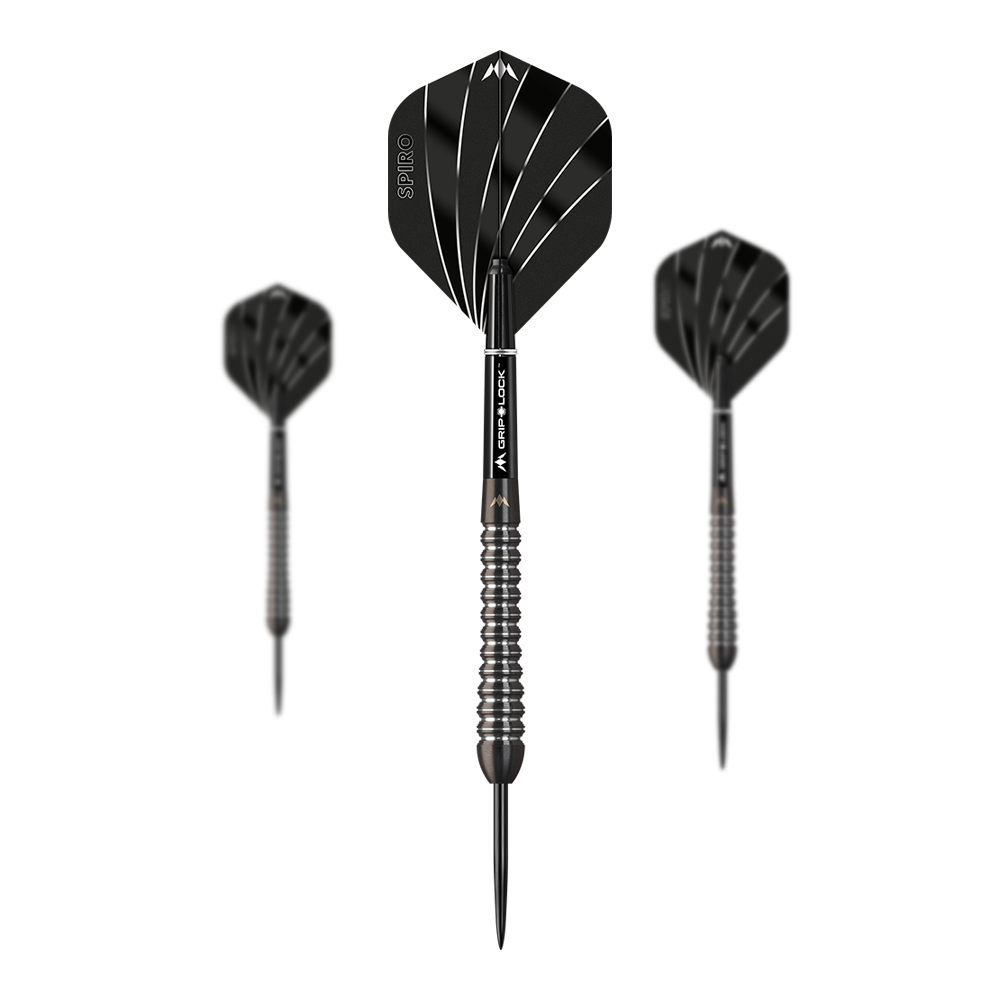 Freccette in acciaio Mission Spiro modello 2 - 22 g Das Bild zeigt drei Steeldarts des Modells "Mission Spiro Model 2" mit einem Gewicht von 22g. Die Darts sind schwarz mit silbernen Akzenten und haben auffällige Flights mit weißen Linien.