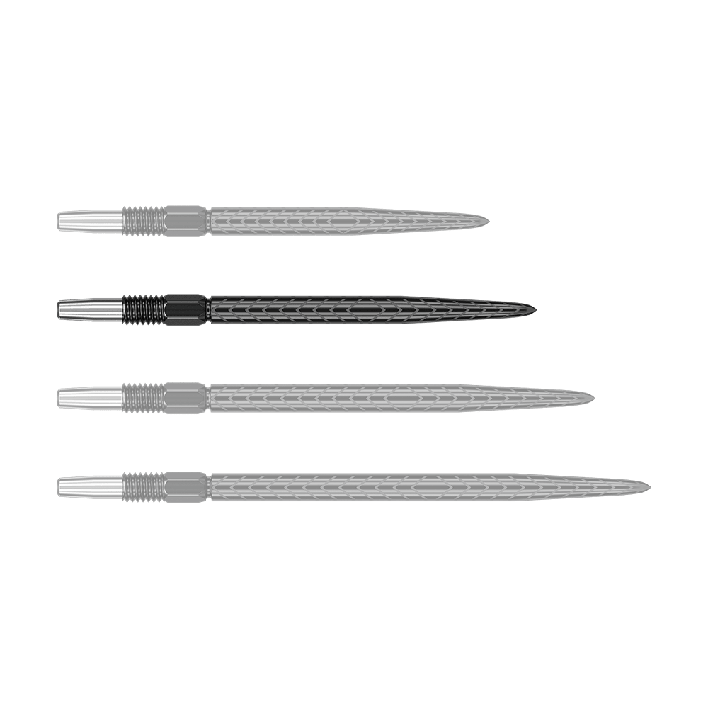 Punte per freccette Target Swiss Point RVE - Nere Das Bild zeigt vier schwarze Dartspitzen mit silbernem Gewinde. Sie liegen parallel nebeneinander auf einem grünen Hintergrund.