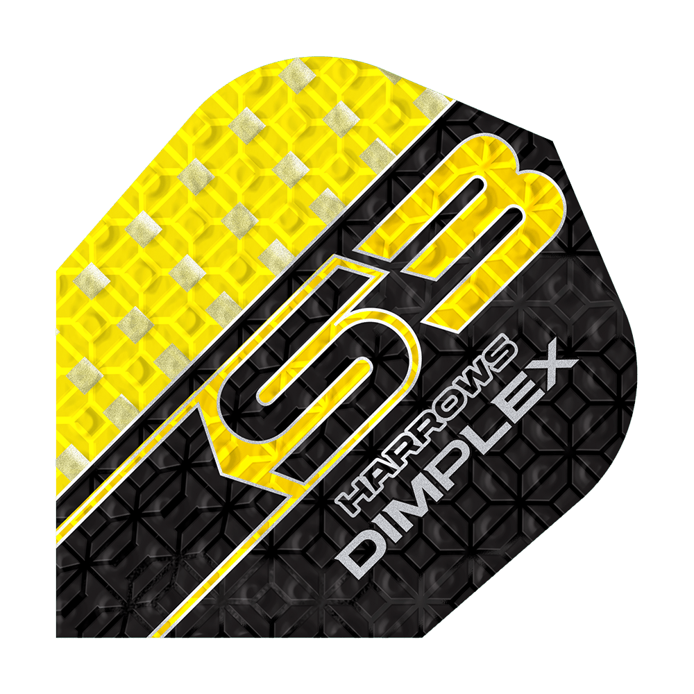 Harrows Dimplex S3 Flights - Giallo Das Bild zeigt das Produkt "Harrows Dimplex S3 Flights - Gelb". Das Flight ist gelb und schwarz mit silbernen Details und einem strukturierten Muster gestaltet.