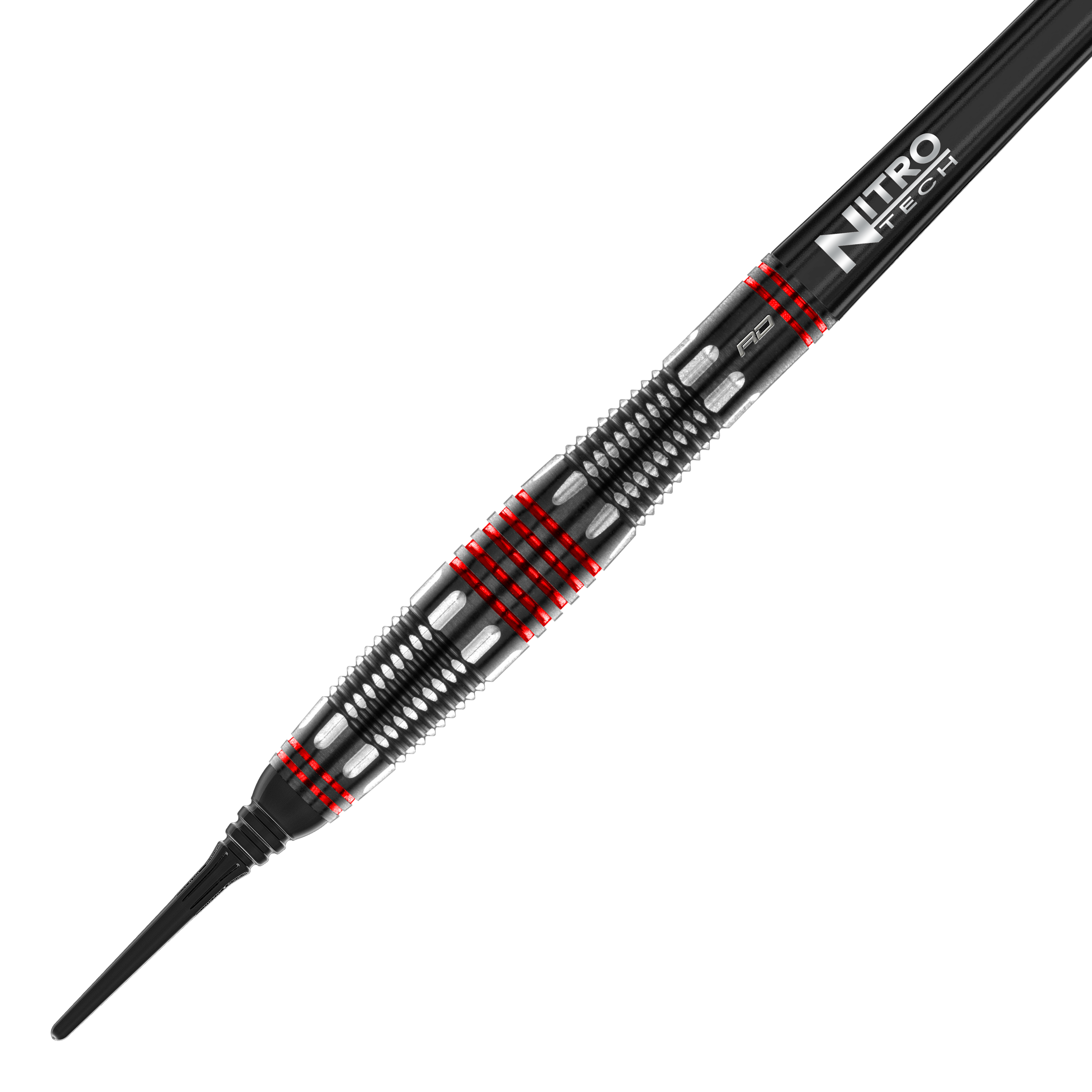 Freccette morbide Red Dragon Marlin Venom - 22 g Das Bild zeigt den Red Dragon Marlin Venom Softdart mit einem Gewicht von 22 Gramm. Der Dart hat ein schwarzes und silbernes Design mit auffälligen roten Ringen und einer „Nitro Tech“-Beschriftung.