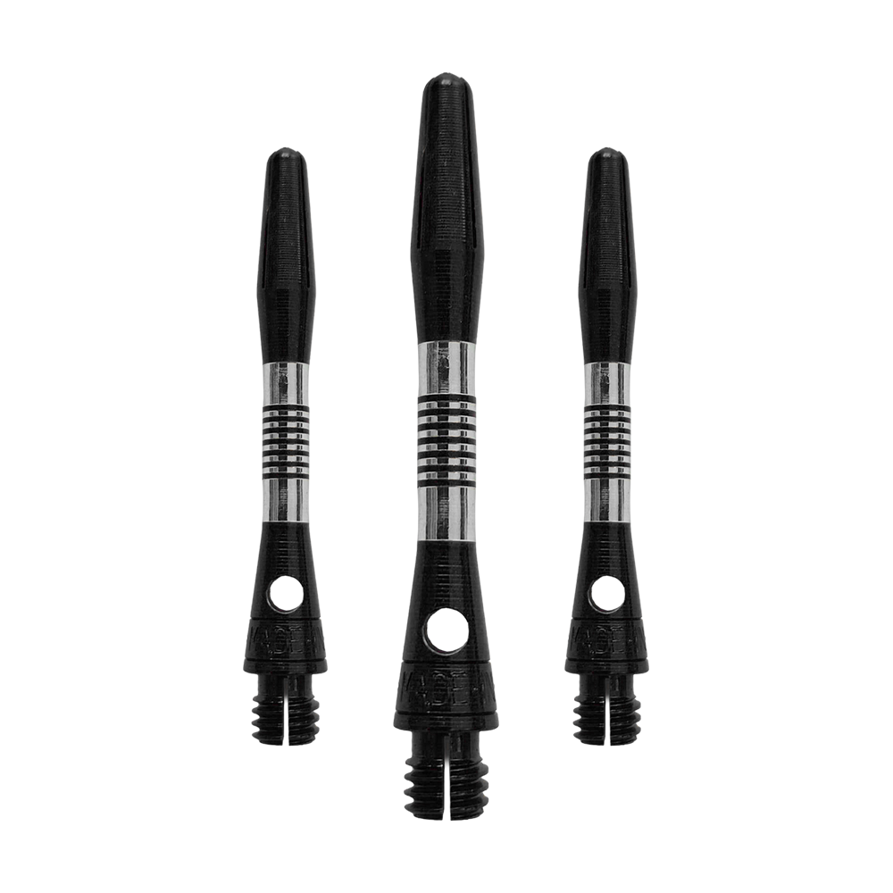 Aste in alluminio Bulls NL Cetra - Nere Das Bild zeigt ein Set von schwarzen Aluminium-Dartschäften. Alle Schäfte haben eine Länge von 34mm.