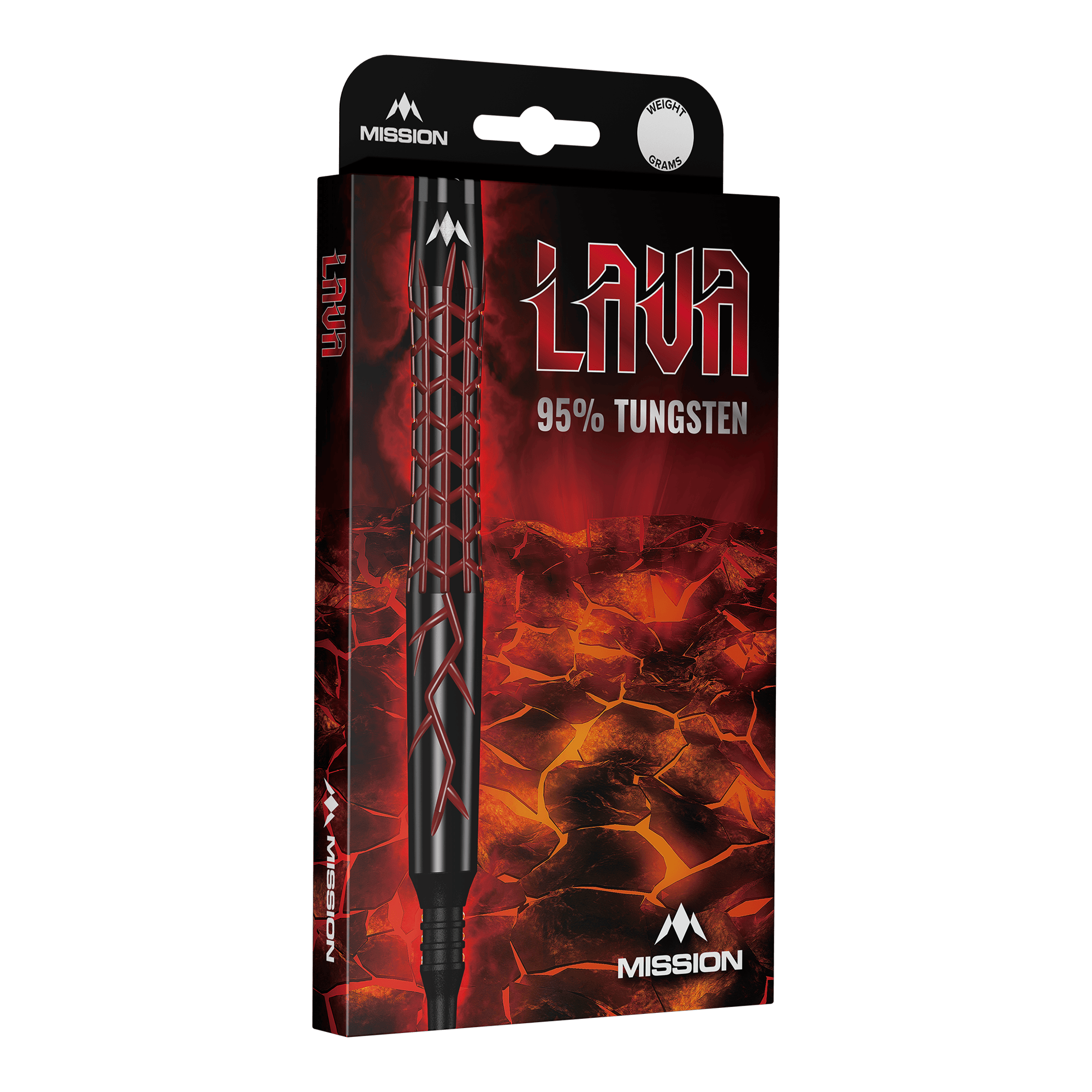 Freccette morbide Mission Lava - 20 g Die Abbildung zeigt die Verpackung der "Mission Lava Softdarts - 20g". Auf der Verpackung steht "95% Tungsten" und sie ist mit einem Lava-Motiv gestaltet.