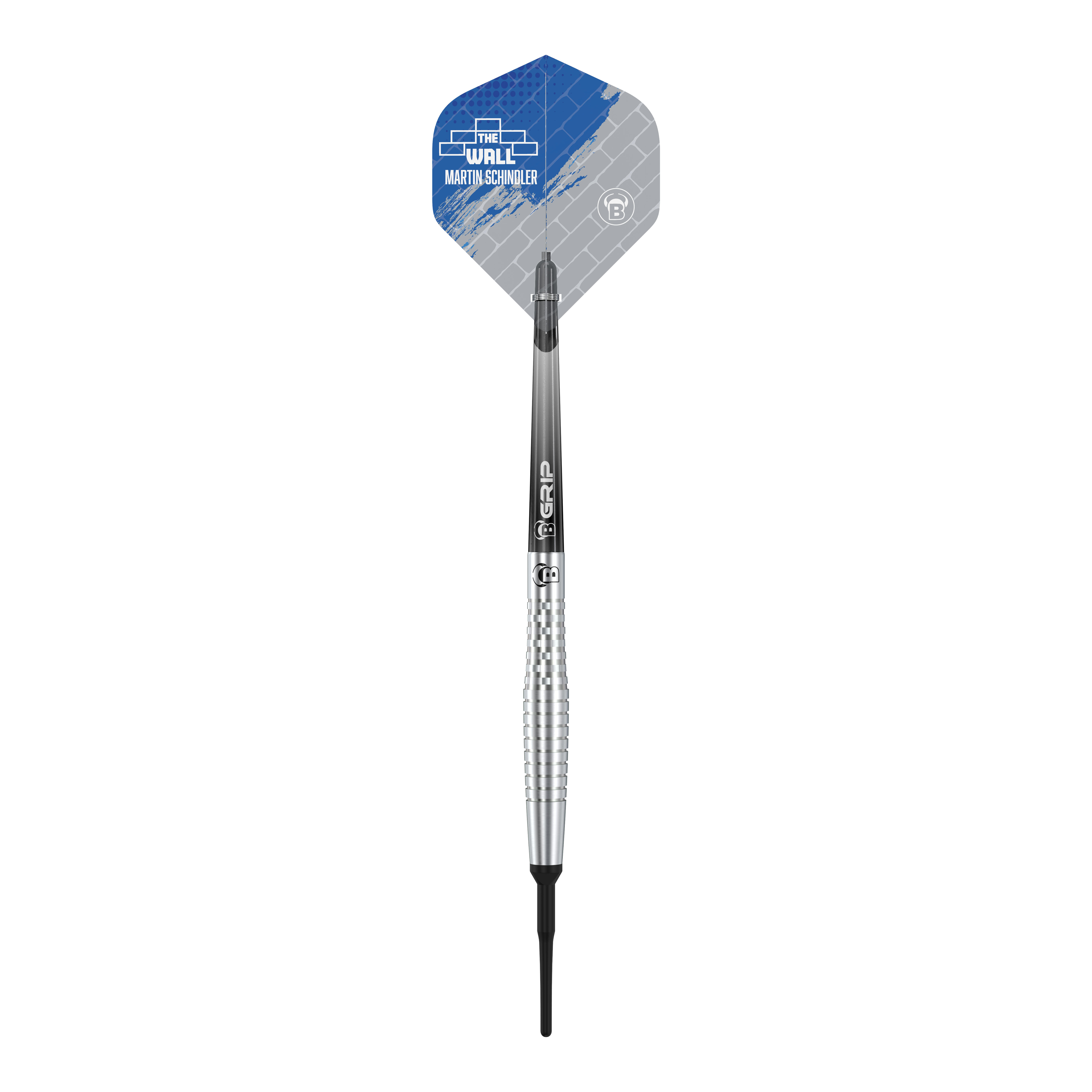 Bulls Martin Schindler Original Generation 2 freccette morbide Das Bild zeigt einen Bulls Martin Schindler Original Generation 2 Softdart. Der Dartpfeil hat ein silbernes, geriffeltes Barrel und ein Flight mit blau-grauem Design.
