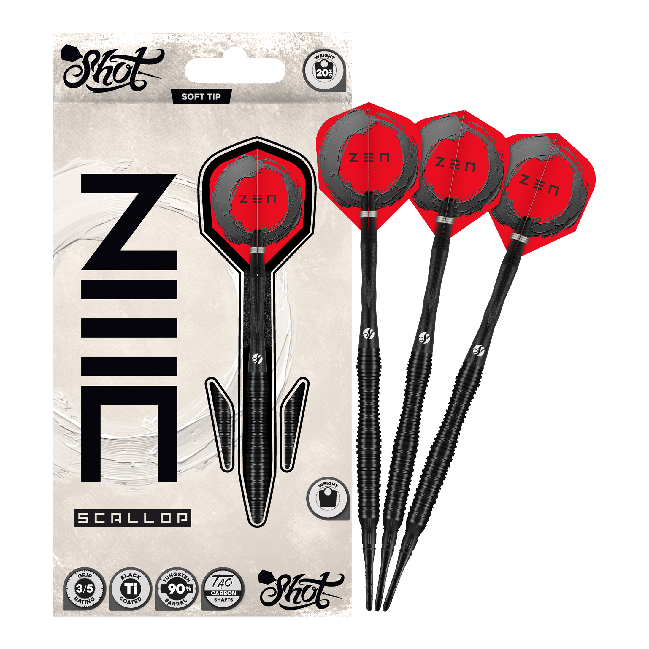Freccette morbide Shot ZEN Scallop - 20 g Das Bild präsentiert die Shot ZEN Scallop Softdarts - 20g in voller Ansicht. Diese Darts zeichnen sich durch ihre hochwertige Verarbeitung aus.