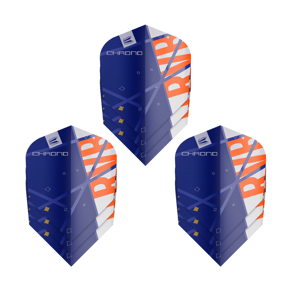 Target Pro Ultra Raymond Van Barneveld Chrono Ten-X Standard Flights - 3 set Das Bild zeigt drei Sätze Target Pro Ultra Raymond Van Barneveld Chrono Ten-X Standard Flights. Die Flights sind überwiegend blau mit weißen und orangefarbenen Akzenten gestaltet.