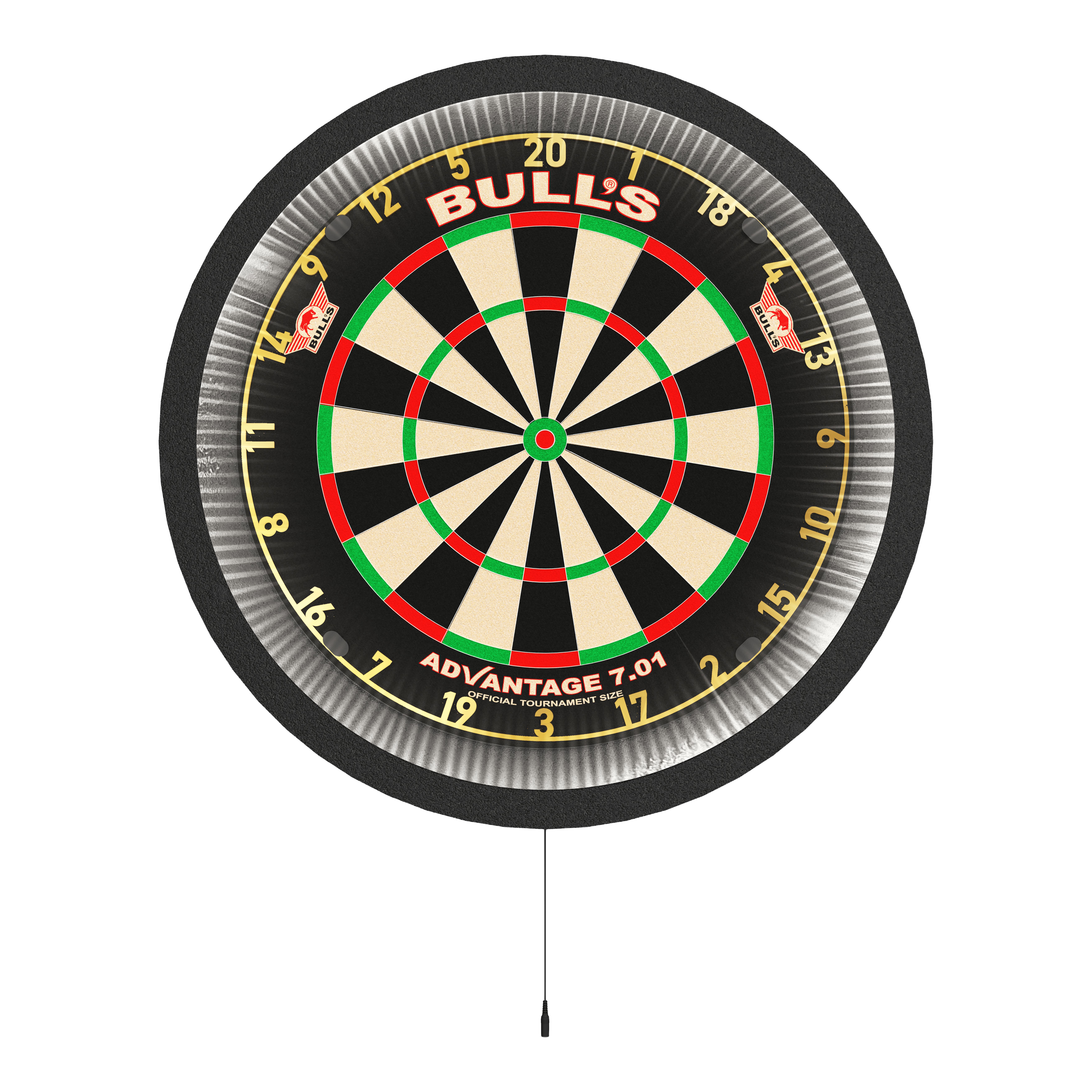 Sistema di illuminazione surround Bulls NL Lumo 2 Light Das Bild zeigt das Produkt "Bulls NL Lumo 2 Light Surround Beleuchtungssystem" an einem Dartboard. Der runde LED-Lichtring um den Dartboard sorgt für eine gleichmäßige Ausleuchtung beim Spielen.