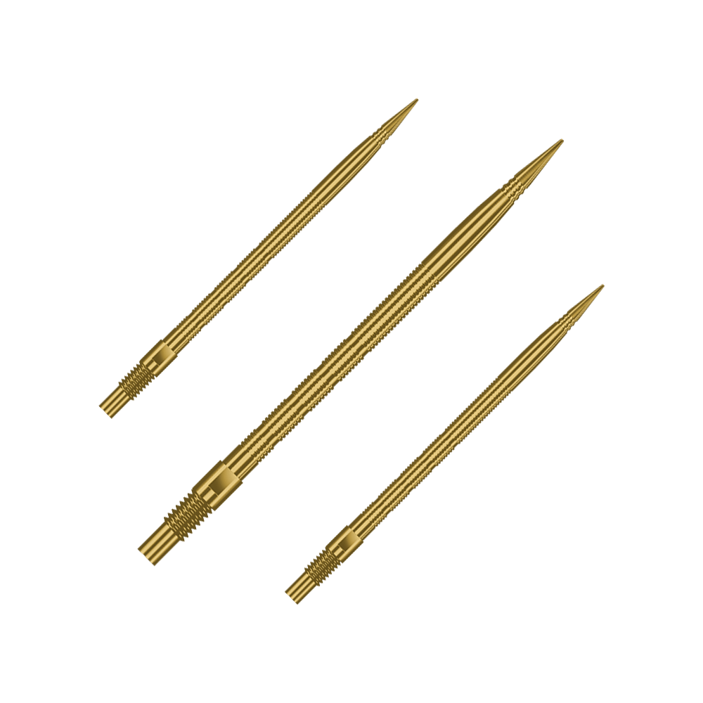 Punte per freccette Harrows Quick Point Micro Ridge - Oro Gezeigt wird ein Set von Harrows Quick Point MicroRidge Dartspitzen in Gold, 40mm. Verschiedene Spitzen sind nebeneinander angeordnet.