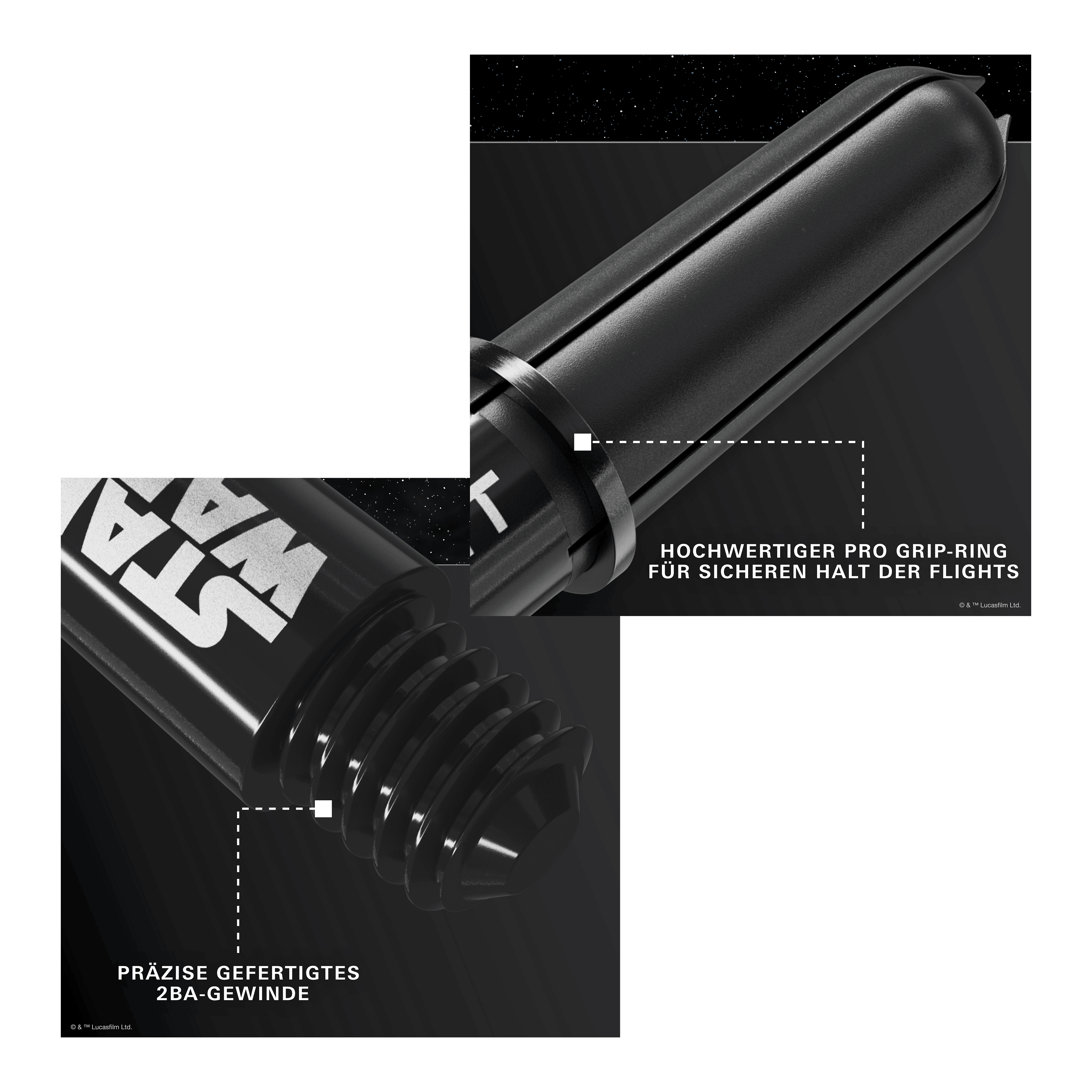 Aste Target Star Wars ProGrip - Nere Target Star Wars ProGrip Shafts in Schwarz sind auf dem Bild zu sehen. Diese Schäfte richten sich an Dart- und Star Wars Liebhaber.