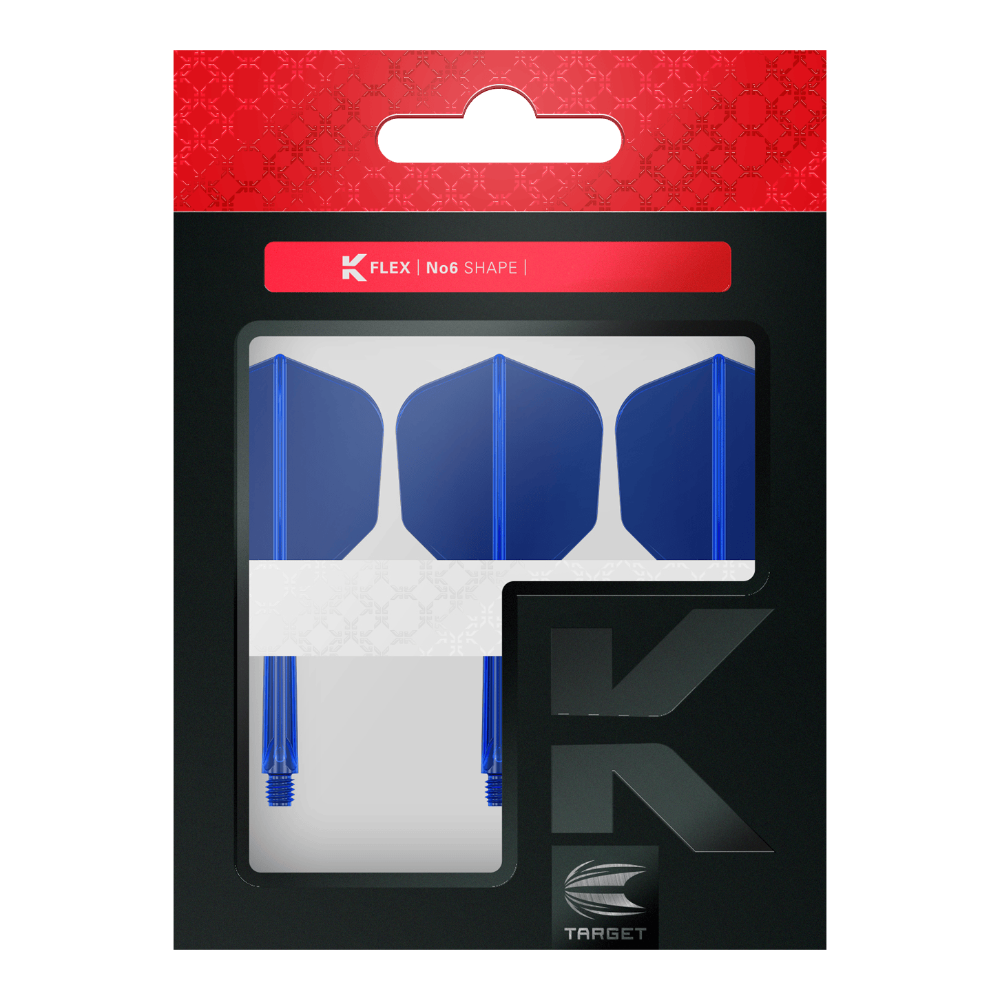 Sistema di volo Target K-Flex No6 - Blu Das Bild zeigt eine Verpackung mit drei blauen Dart-Flights und Shafts. Oben auf der Verpackung steht "K FLEX | No6 SHAPE" und unten ist das Target-Logo zu sehen.