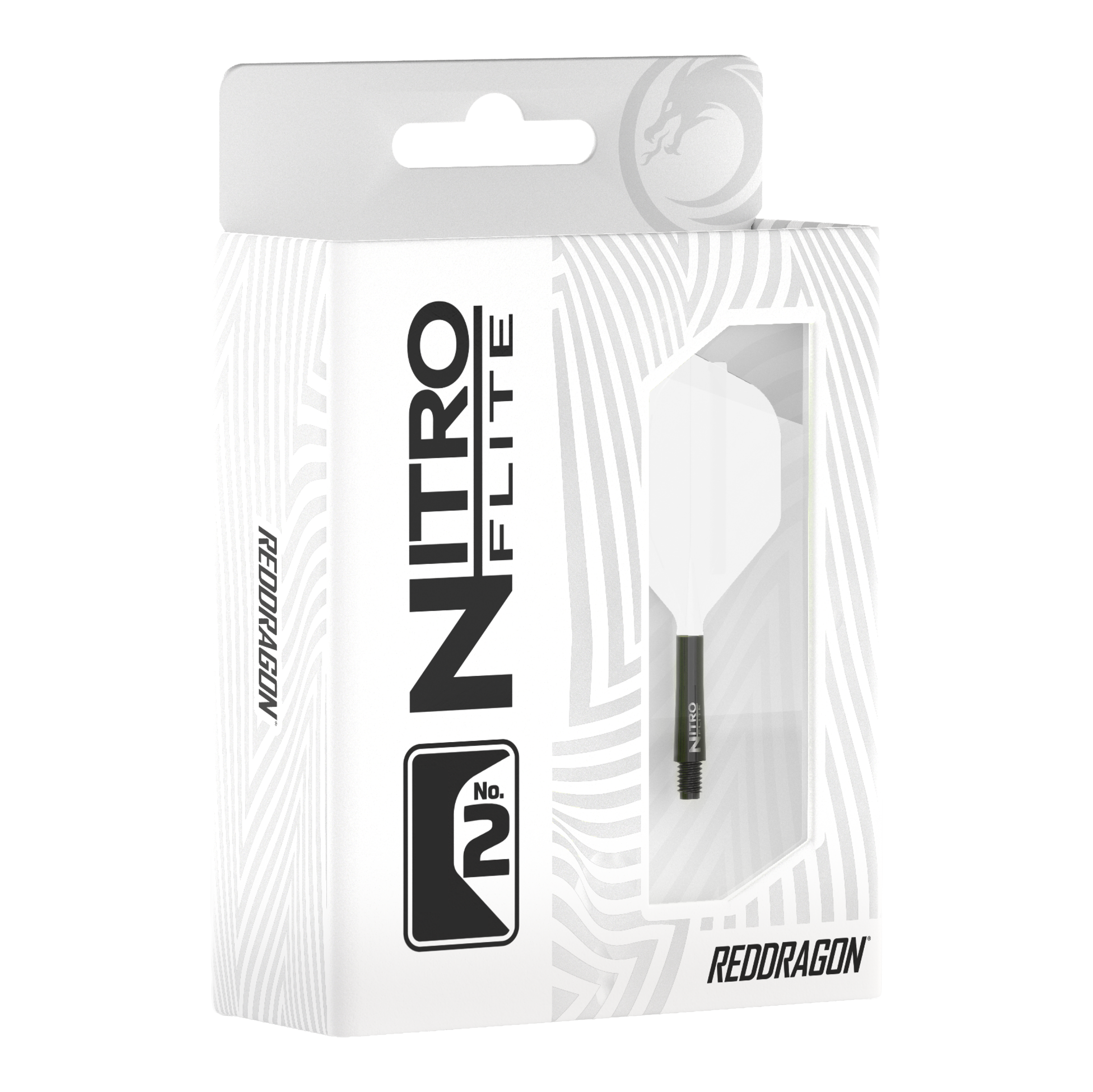 Red Dragon Nitroflite Black Shaft White Flights No2 Abgebildet ist Red Dragon Nitroflite Black Shaft White Flights No2. Zu sehen sind schwarze Dart-Schäfte mit weißen Flights.